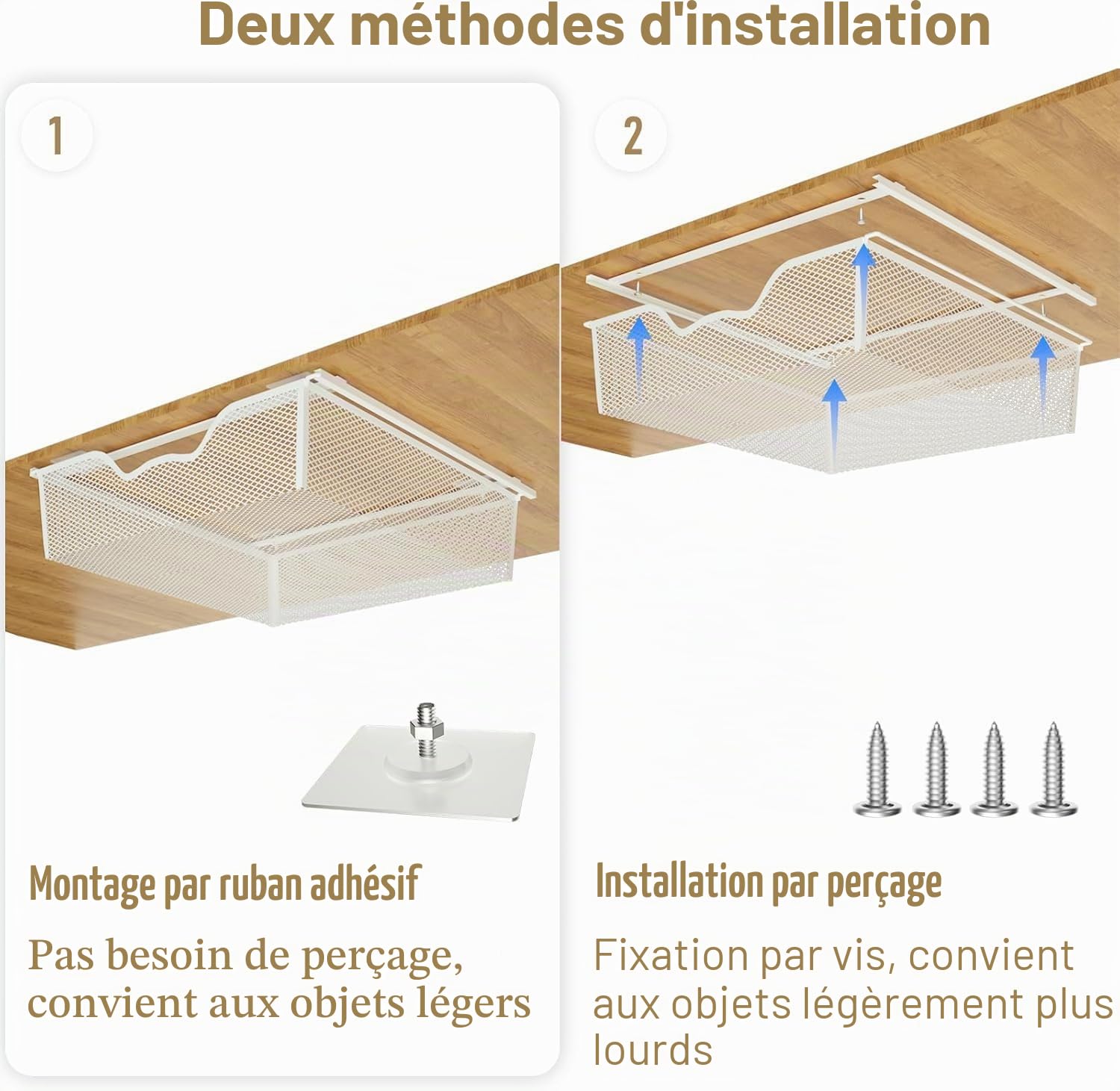 Lot de 2 organiseurs de bureau, tiroir sous table, grande capacité, tiroir en métal, boîte de rangement cachée pour bureau, maison, école, blanc