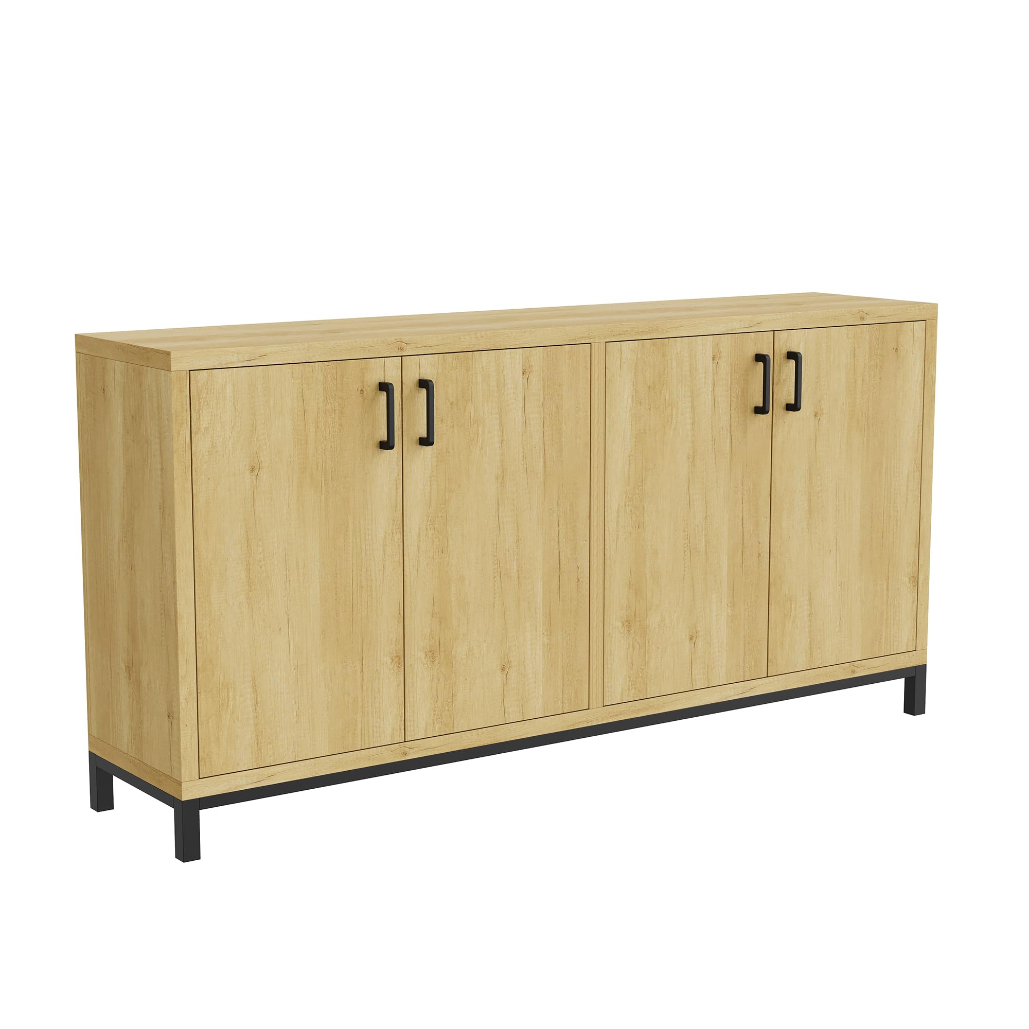 Komoda z 4 drzwiami, szafka bufetowa z czarnymi metalowymi uchwytami i 2 regulowanymi półkami, metalowe nogi, komoda z litego drewna, do sypialni, salonu, 160 x 35 x 80 cm