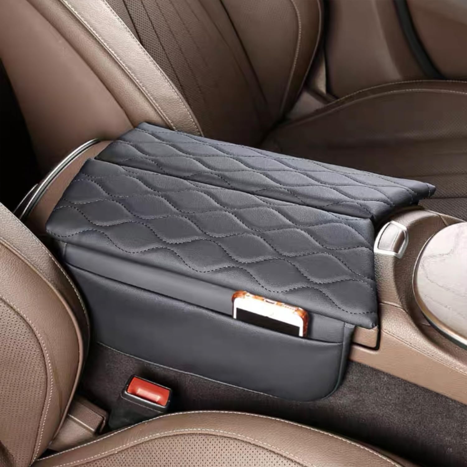 Center Console Armrest Cover Compatible with Mercedes Benz E Class W213 E200 E250 E300 2017~2023 Leather Armrest Console Cover Cushioning pad with Side Storage Pockets Interior Accessories (A. Black)