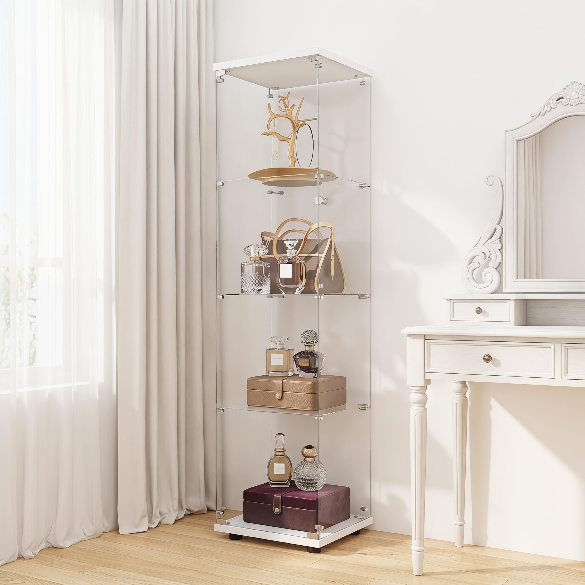 Vetrina in vetro per soggiorno, 164 x 42,5 x 36,5 cm, vetrina in vetro con serratura e porta, 4 ripiani, trasparente, grande, vetrina da collezione per soggiorno (4 strati