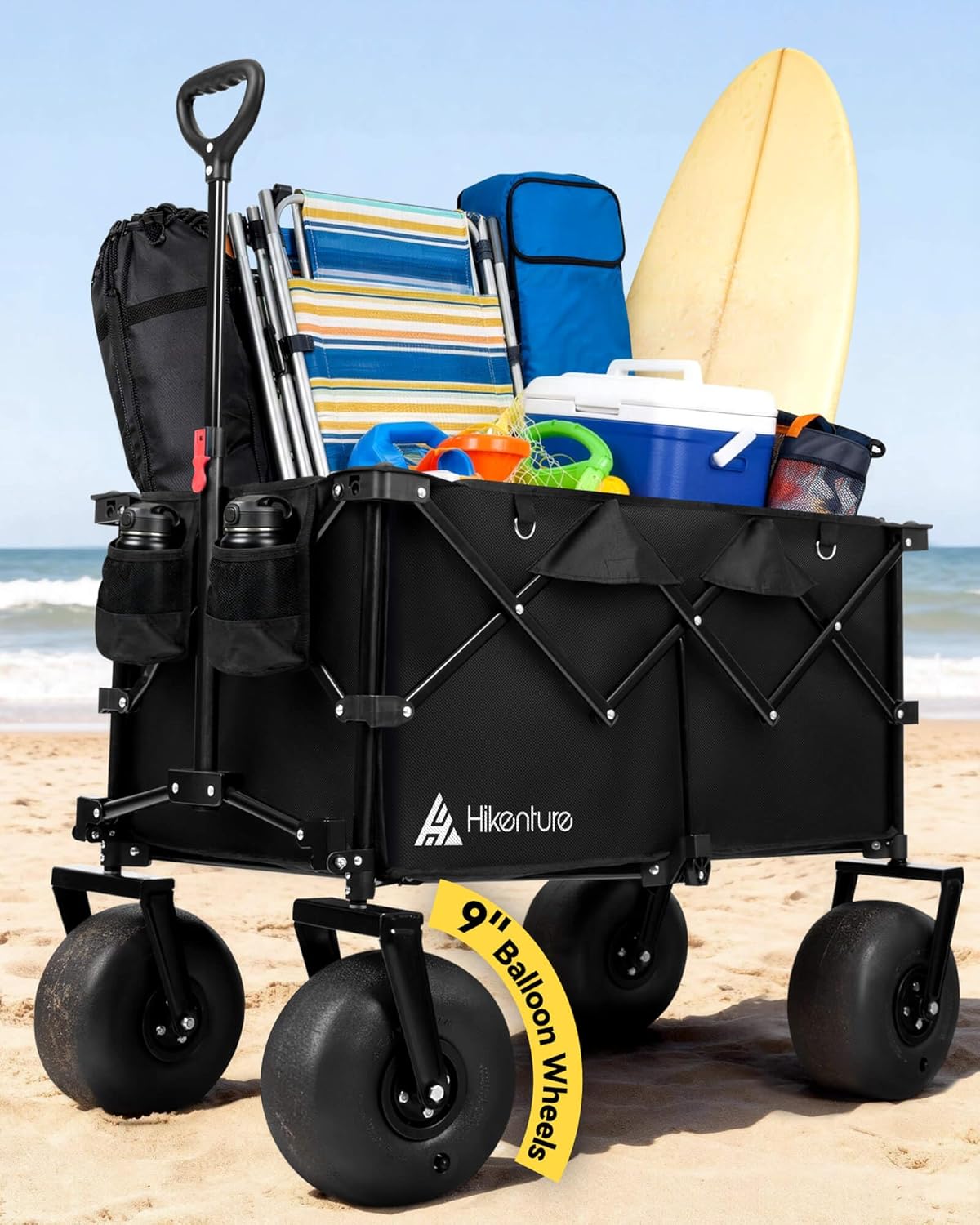 Hikenture Beach Wagon with Balloon Wheels, 9" PU Tires Collapsible Wagon, 308lbs Heavy Duty Beach Cart with Big Wheels for Sand, Large Capacity Utility Wagons Carts Foldable