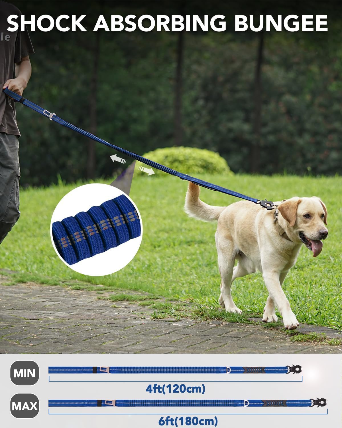Joytale Tactical Dog Collar(17"-21") and Dog Leash Set, Shock Absorbing Bungee Dog Leash and Adjustable Strong Dog Collar with Handle for Large Dogs(Navyblue, L)