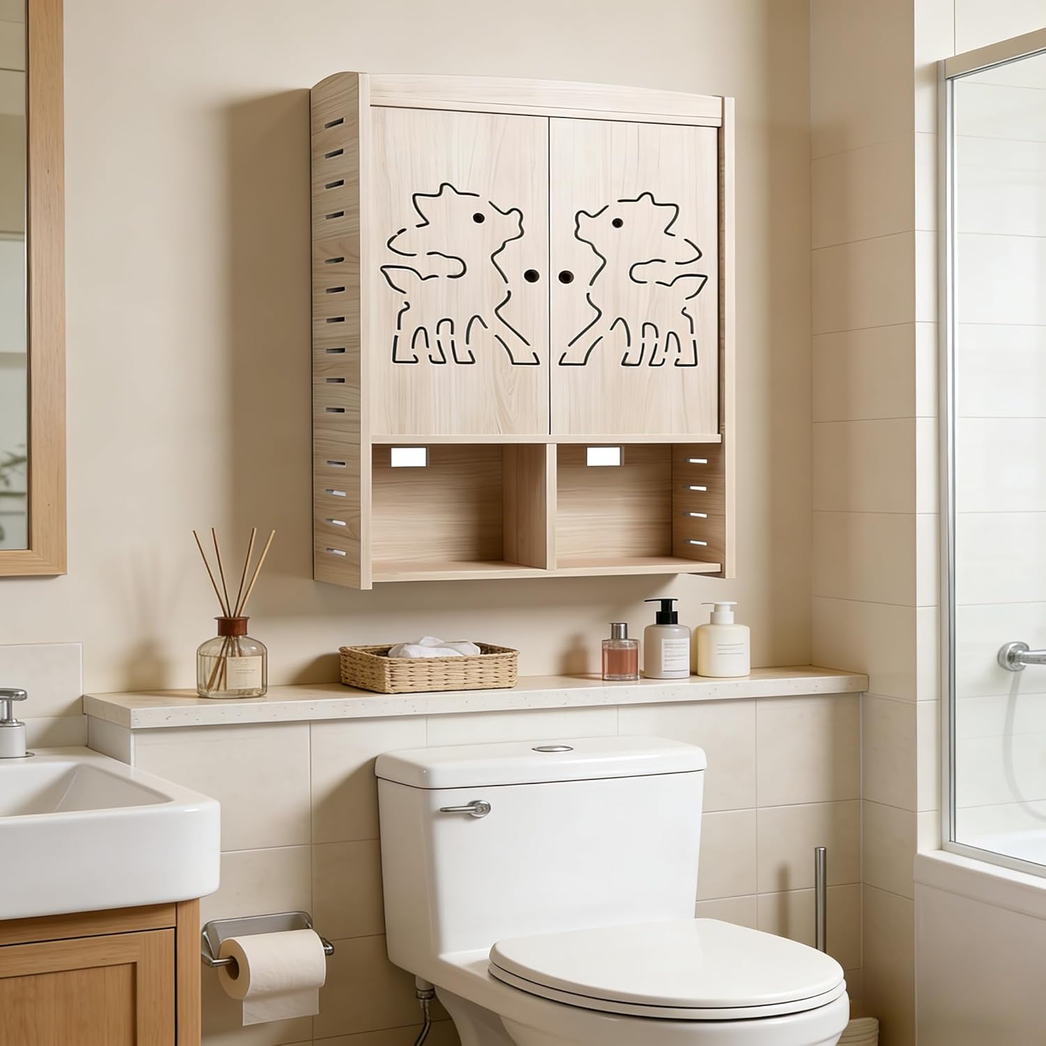 Medicine Cabinet Wall Mounted with Doors, PVC Foam Board Cabinet with Doors and Shelves Over The Toilet, Bathroom Wall Cabinet Wall Mounted, Hanging Cabinet