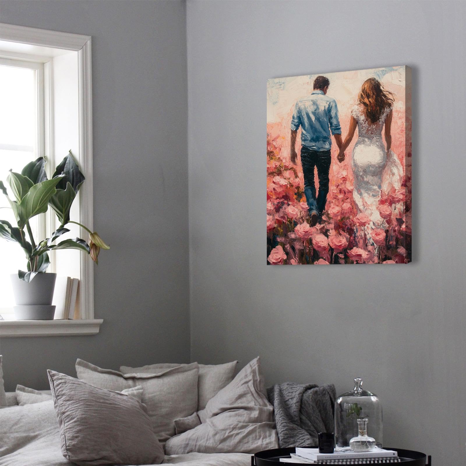 CHERHERART Para w polu kwiatowym, obraz ścienny, romantyczna natura, plakat z nadrukiem, dzieło sztuki, do salonu, przedpokoju lub nowoczesnego mieszkania, 75 x 100 cm, rama wewnętrzna
