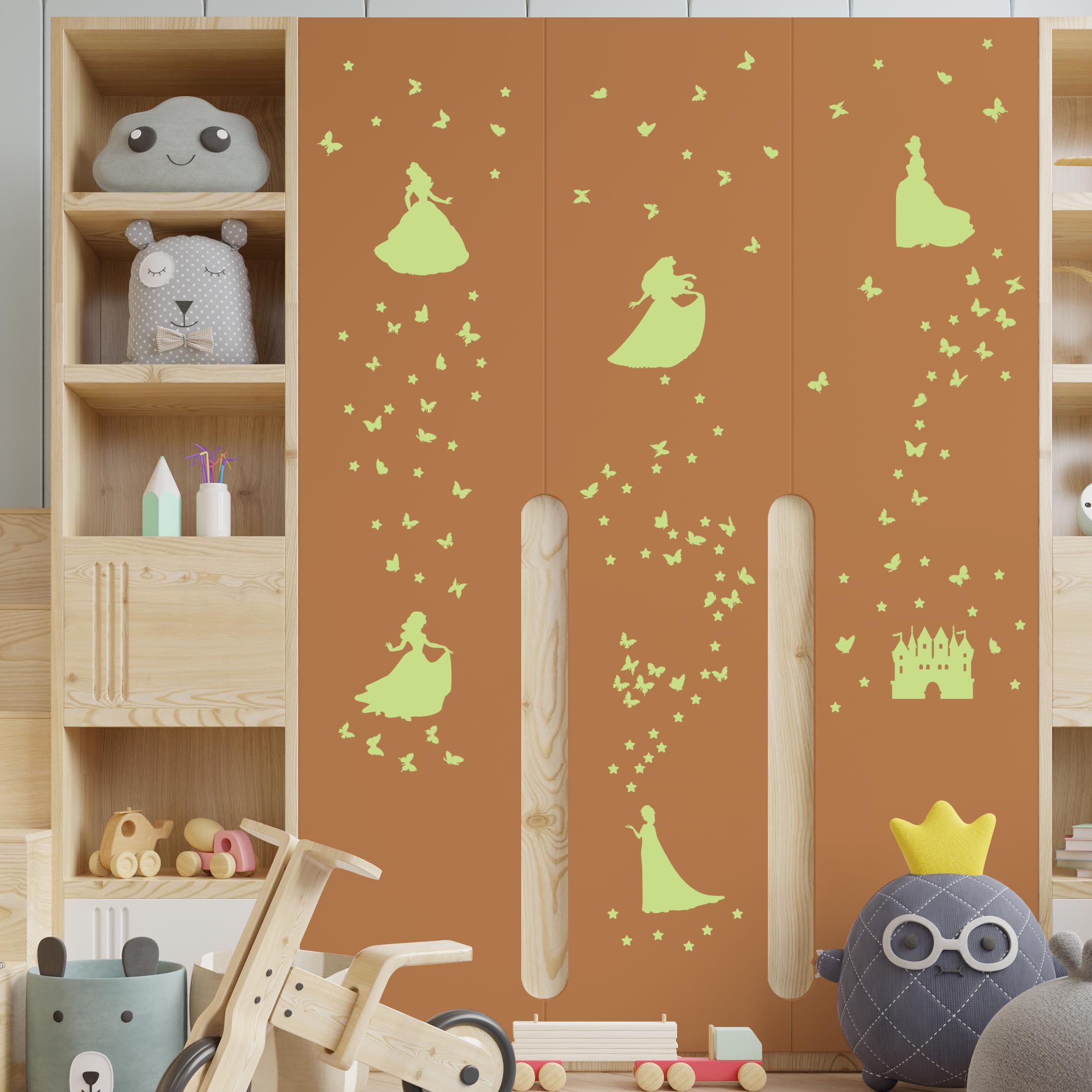 Adhesivo de pared que brilla en la oscuridad, diseño de castillo de princesa, estrella y mariposa, para habitación de niña, calcomanía fluorescente para techo y guardería (verde)