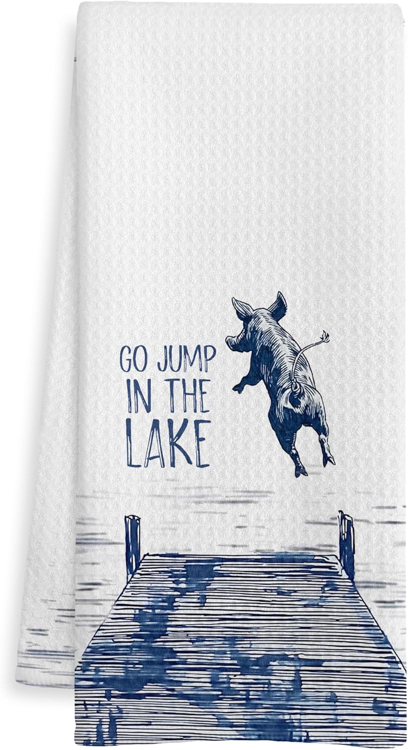 Lake House Decor Kitchen Towels, Funny Lake Pig Gift Dish Tea Towel for Kitchen Cabin Decor, Pig Lover Gifts Hand Towels for Bathroom Decor, 16x24 Inch