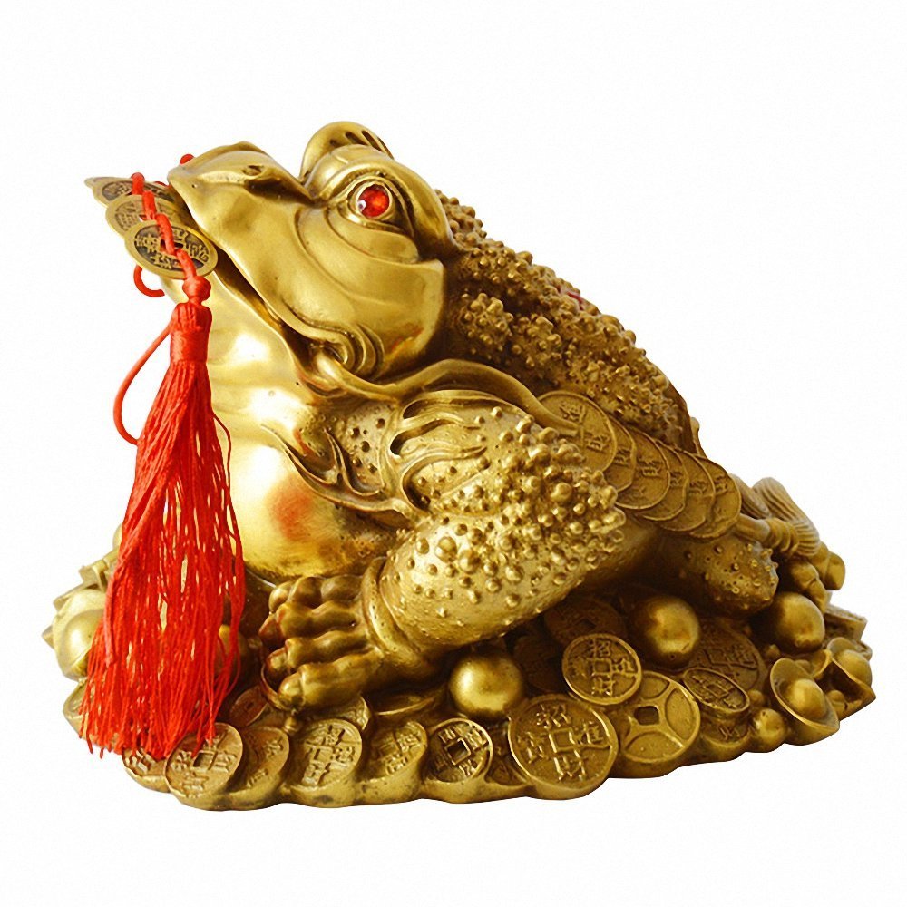 WenmilyBOYULL Brass Feng Shui Money Frog Statue with Lucky Charm Ancient Coins on Red String,Feng Shui Decor