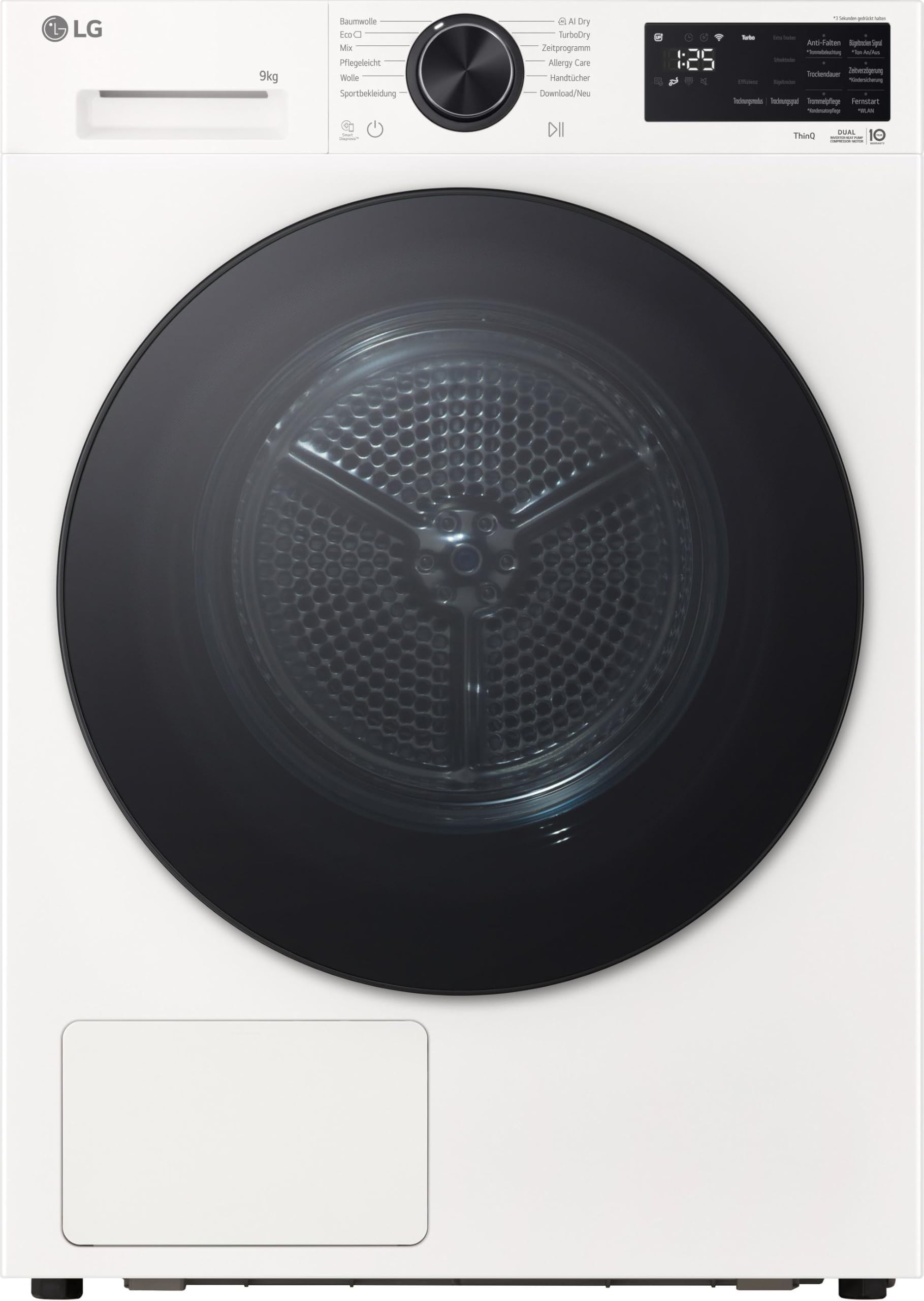 LG RT90X7 Trockner (B, 9 kg) mit Wärmepumpentechnologie (LED-Display, selbstreinigender Kondensator, Trockensensor), Weiß