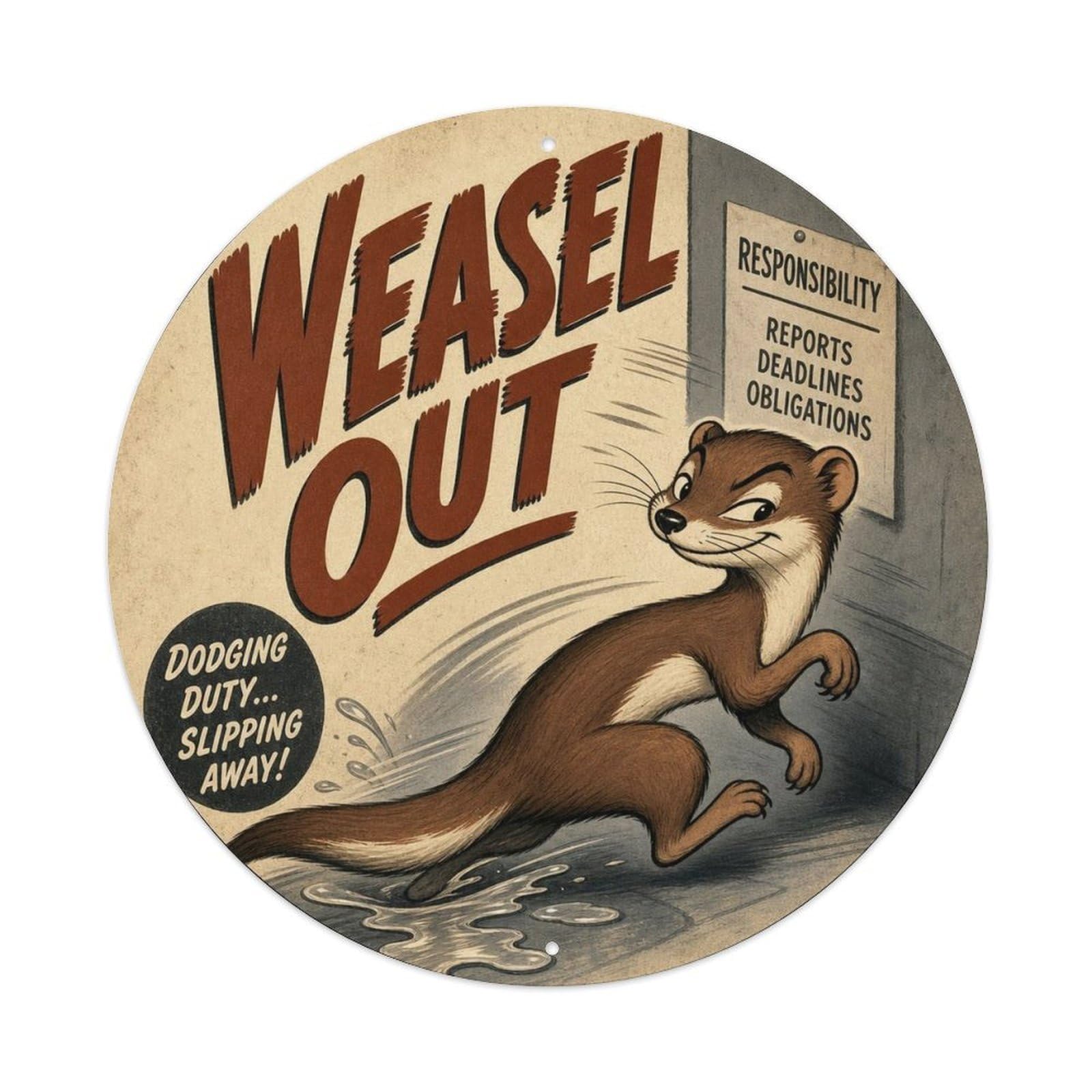 Okngb Style Weasel Sneaky Humor Comic Animal Classic Cartoon Rustic Metal Tin Sign Plaque Wall Decor For Cafe, Man Cave, Club Bar, Office, Home Garden Round Metal Poster 8X8inch
