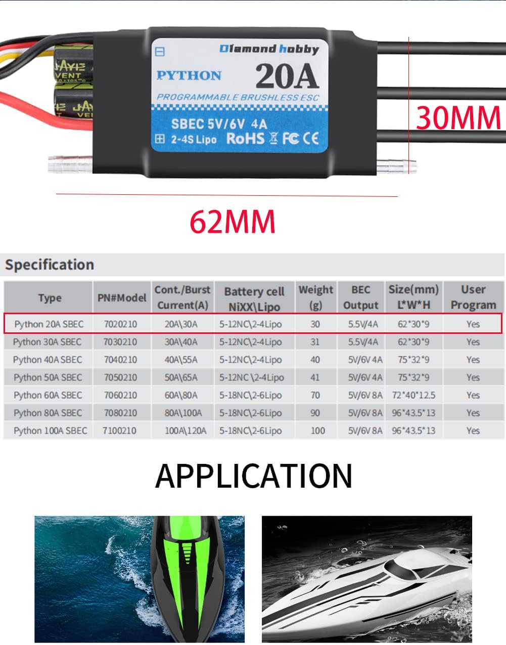 FLYCOLOR Python-ESC 20A specifications table and application examples