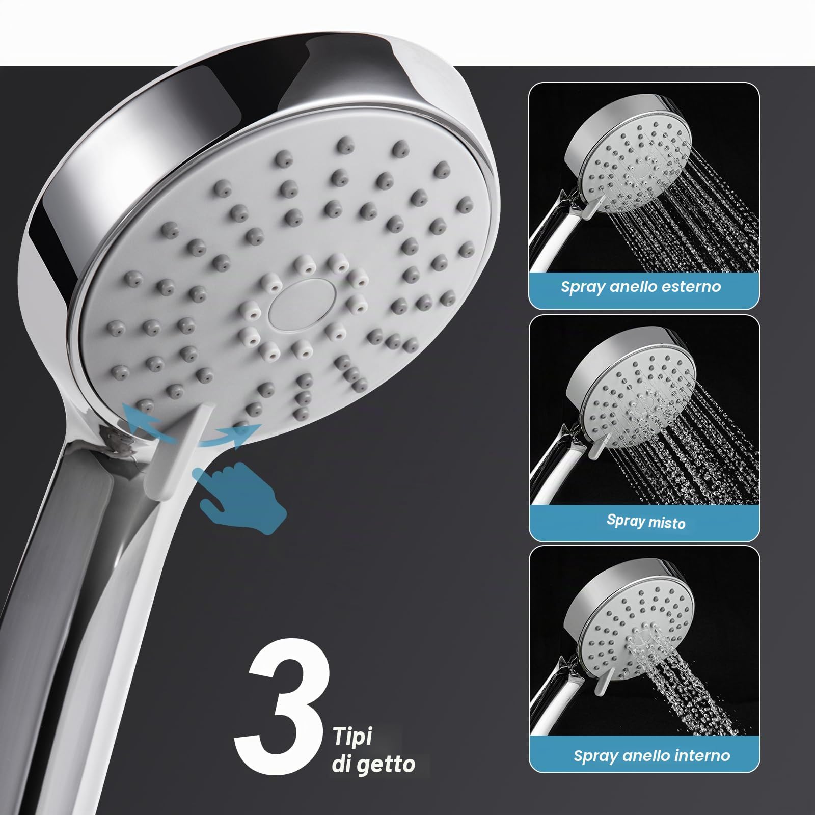 OFFO Saliscendi Doccia,Asta Doccia 70 cm,Saliscendi Doccia con Soffione,Asta Doccia con Soffione e Rotondo Doccetta con 3 Tipi di Getto e Flessibile da 1,6 m, Cromo