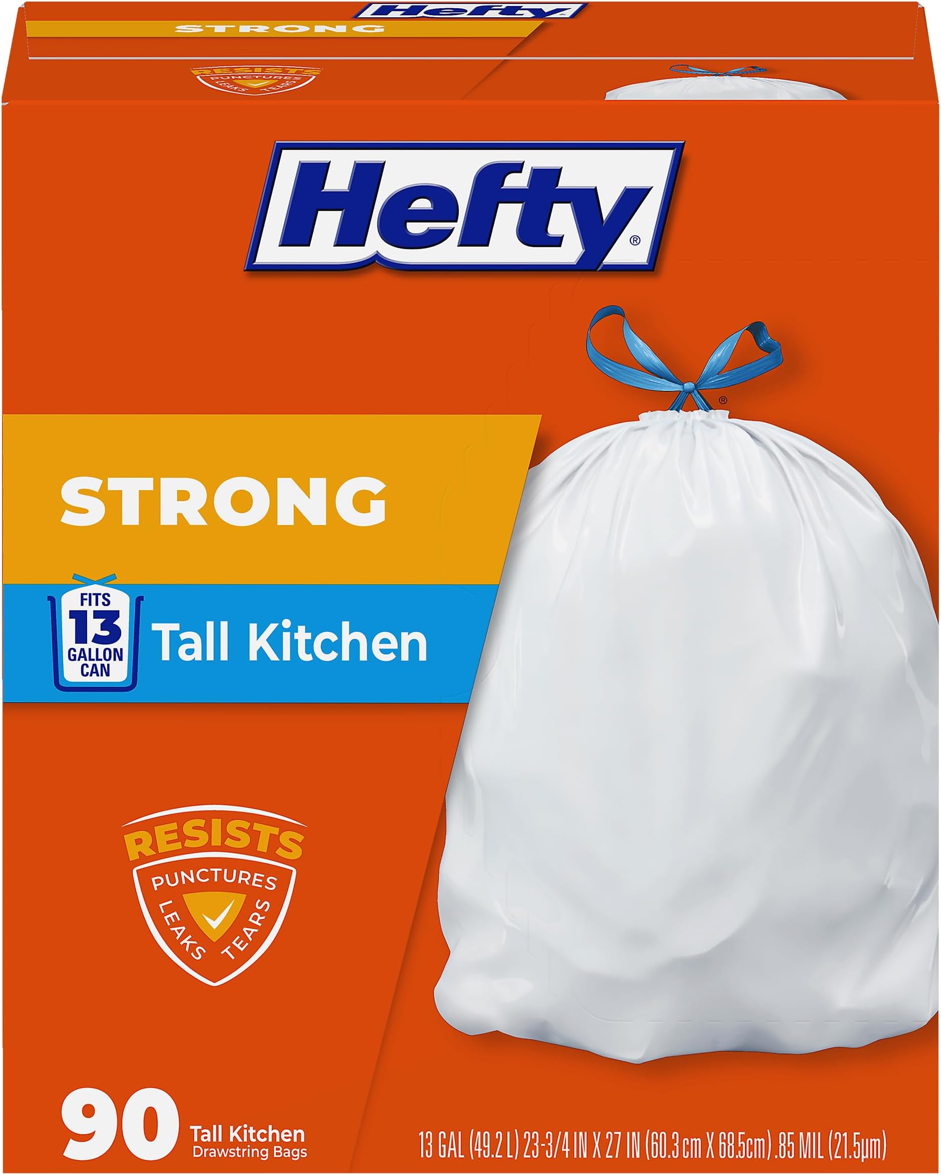 Hefty Strong Tall Kitchen Trash Bags, Unscented, 13 Gallon, 90 Count