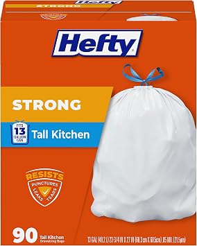 Hefty Strong 13 Gallon Trash Bags, Tall Kitchen, Drawstrings, Durable Closure, Resists Leaks, Punctures, Tears, White, Unscented, 90 Count
