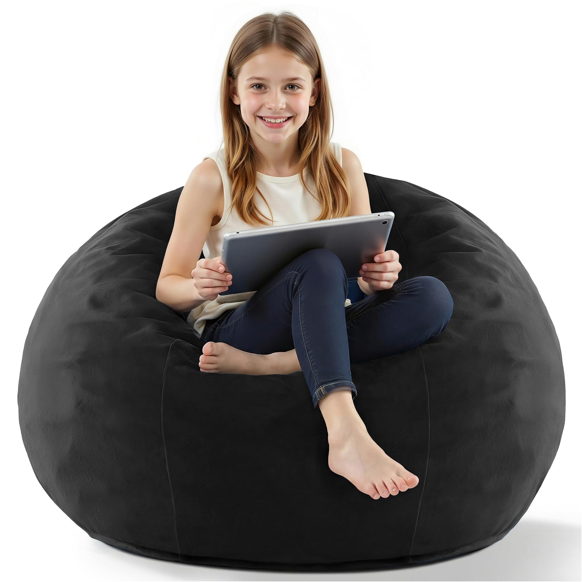 2FT Bean Bag Chair, 2' Beanbags Small Bean Bag Chairs with Filling, Teardrop Bean Bag Chair Luxurious Velvet Ultra Soft Fur with Removable Cover (Black)