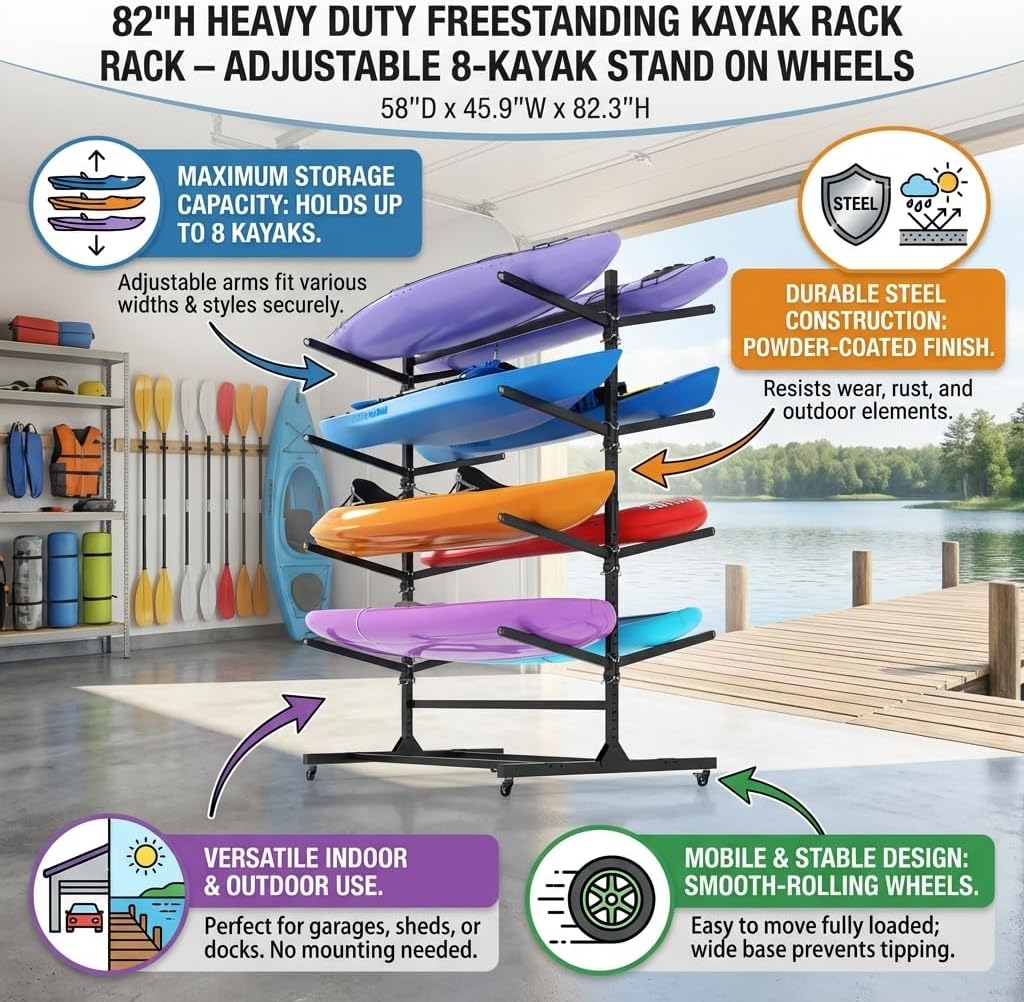 82"H Heavy Duty Freestanding Kayak Storage Rack, Adjustable 8 Kayak Stand with Wheels for kayak storage rack Garage kayak rack Indoor and Outdoor Use, 58"D kayak rack for garage x 45.9"W x 82.3"H