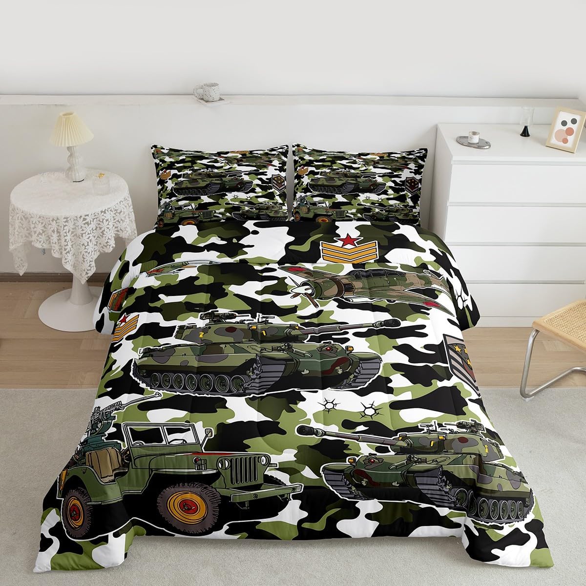 Tank Comforter Set Queen Size,Aircraft Camouflage Design Duvet Quilted,War Theme Bedding Comforters 3Pcs for Kids Child Teens Boys Man Room Decor,Army Green