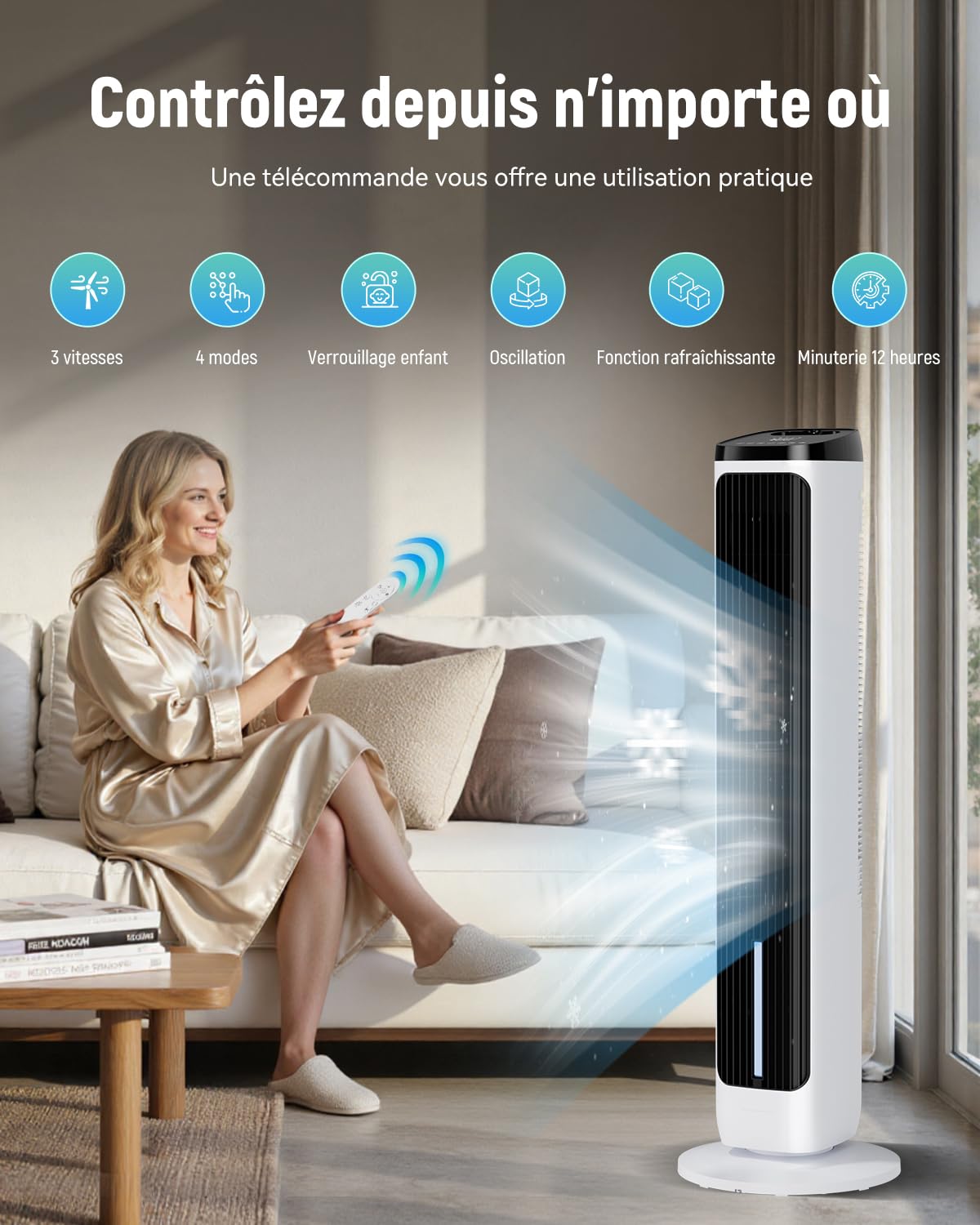 Ventilateur Colonne avec Refroidissement par eau, packs de glace, minuterie 12-H, 4 modes, 3 Vitesses, Oscillation à 80°, Refroidisseur d'air par Évaporation Portable avec télécommande, pour chambre à