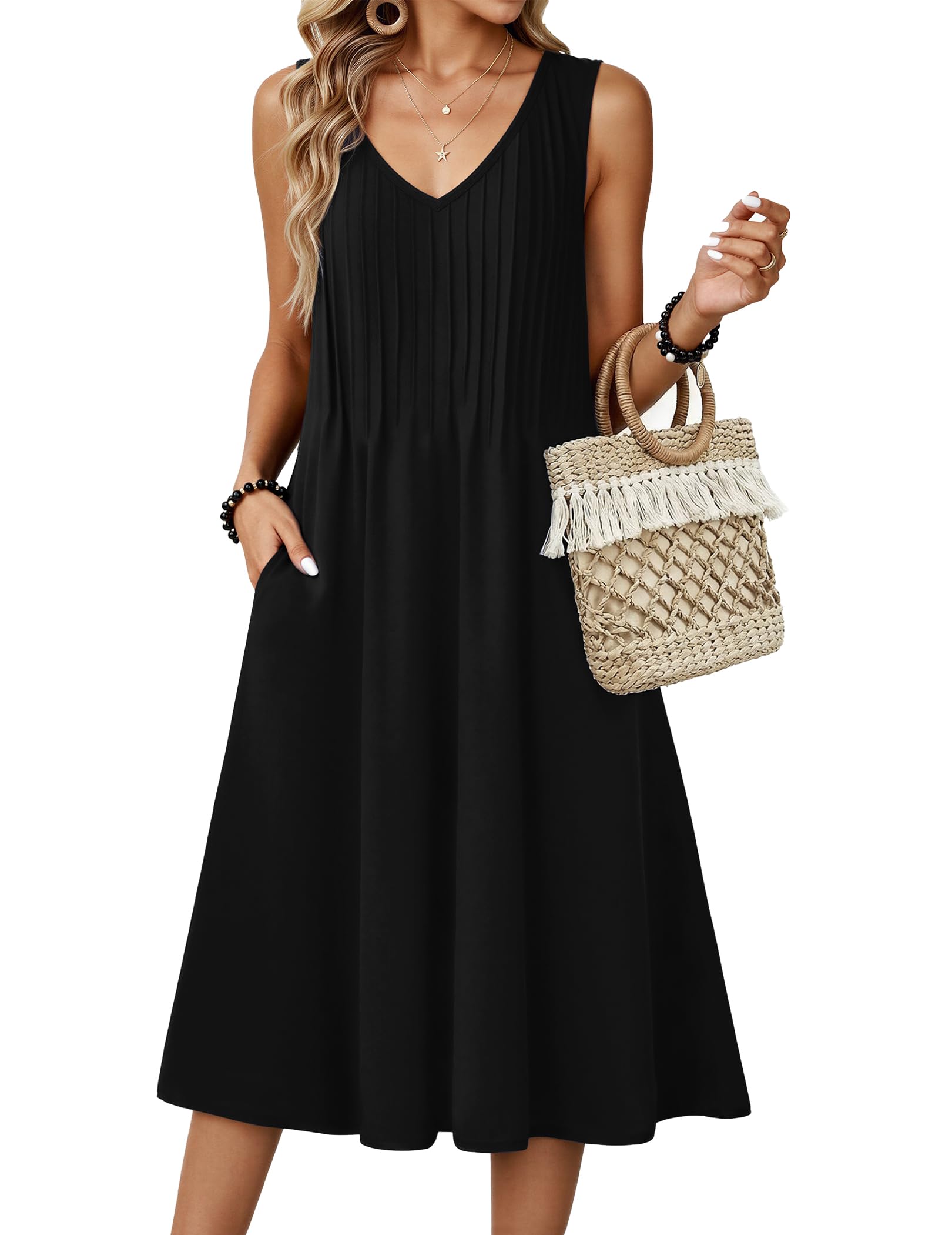Zeagoo Women Summer Casual Dresses 2026 Sleeveless Midi Pleated Tank Sundress with Pockets V Neck A Line Swing Tshirt Dress