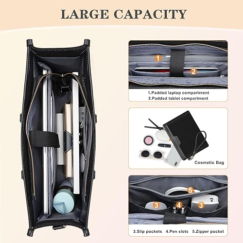 Miniatura 3 de MOSISO Bolsa de mano para laptop para mujer, bolsa de lona para laptop de 15.6 pulgadas con bolsillo frontal, bolso de hombro de gran capacidad para