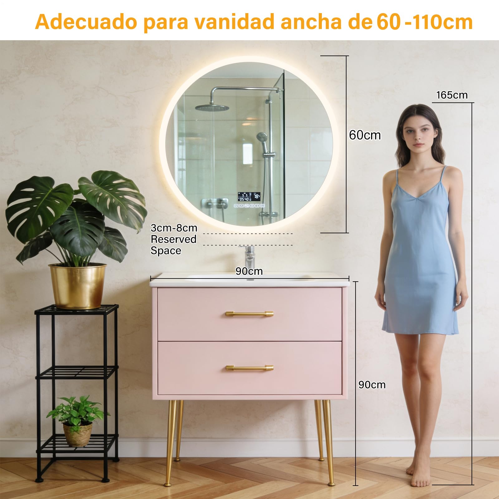 Genérico Espejo de Pared para baño LED Redondos 60x60CM con Interruptor táctil de iluminación y antivaho, Espejo de Pared con 3 Colores de luz Ajustables [Clase energética E]