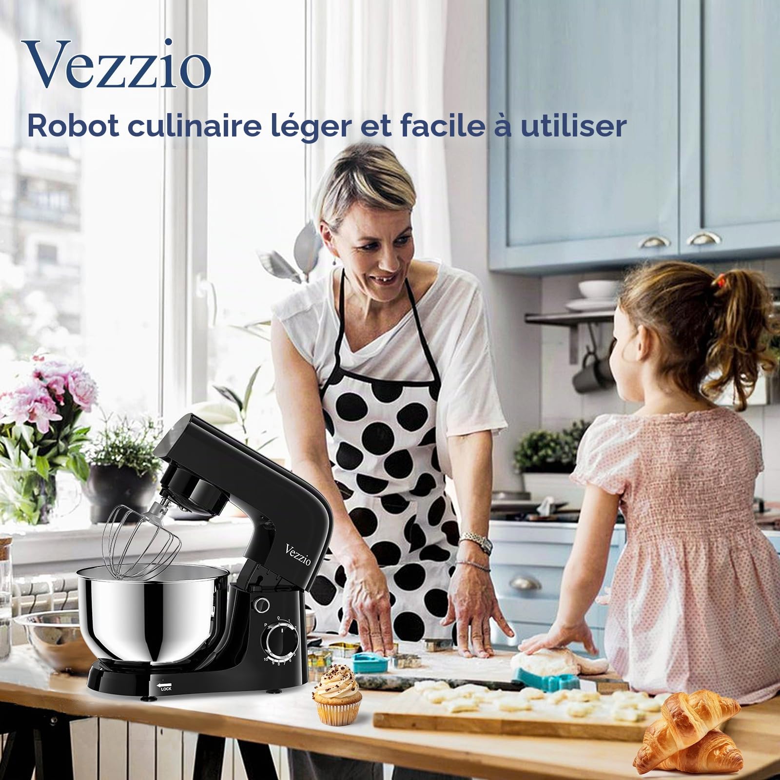 Vezzio Robot Pâtissier, 4,5 L | 1500 watts mélangeur de pâte compact avec crochet de pétrissage, fouet, protection contre les éclaboussures et système de mélange planétaire à 10 vitesses(Noir)