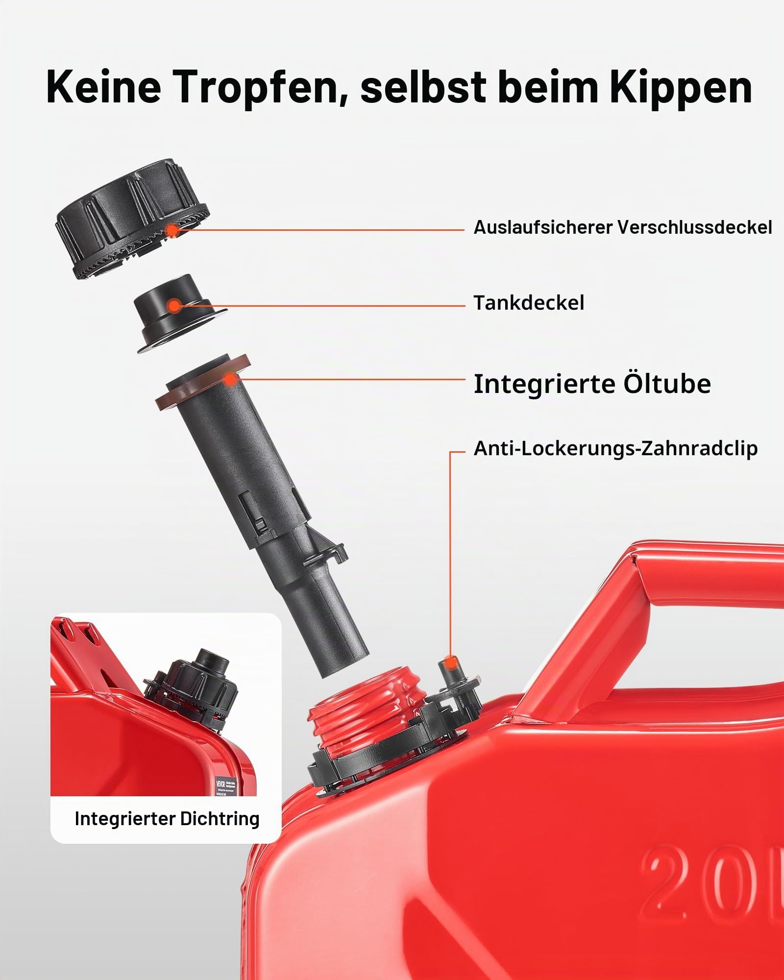 VEVOR Kraftstoffkanister, 20 L, Benzinkanister mit Ausguss & Komfortgriff, max. Durchflussrate 6 l/min, Metall-Benzintank für die meisten Autos, Motorräder, ATVs & UTVs, rot, 2er-Pack