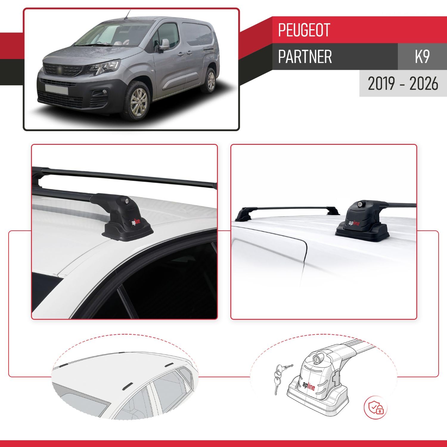 Kompatybilny z Peugeot Partner 2019-2025 ACE-3 Bagażnik dachowy Railing Bagażnik samochodowy Czarny Aluminium 2 drążki