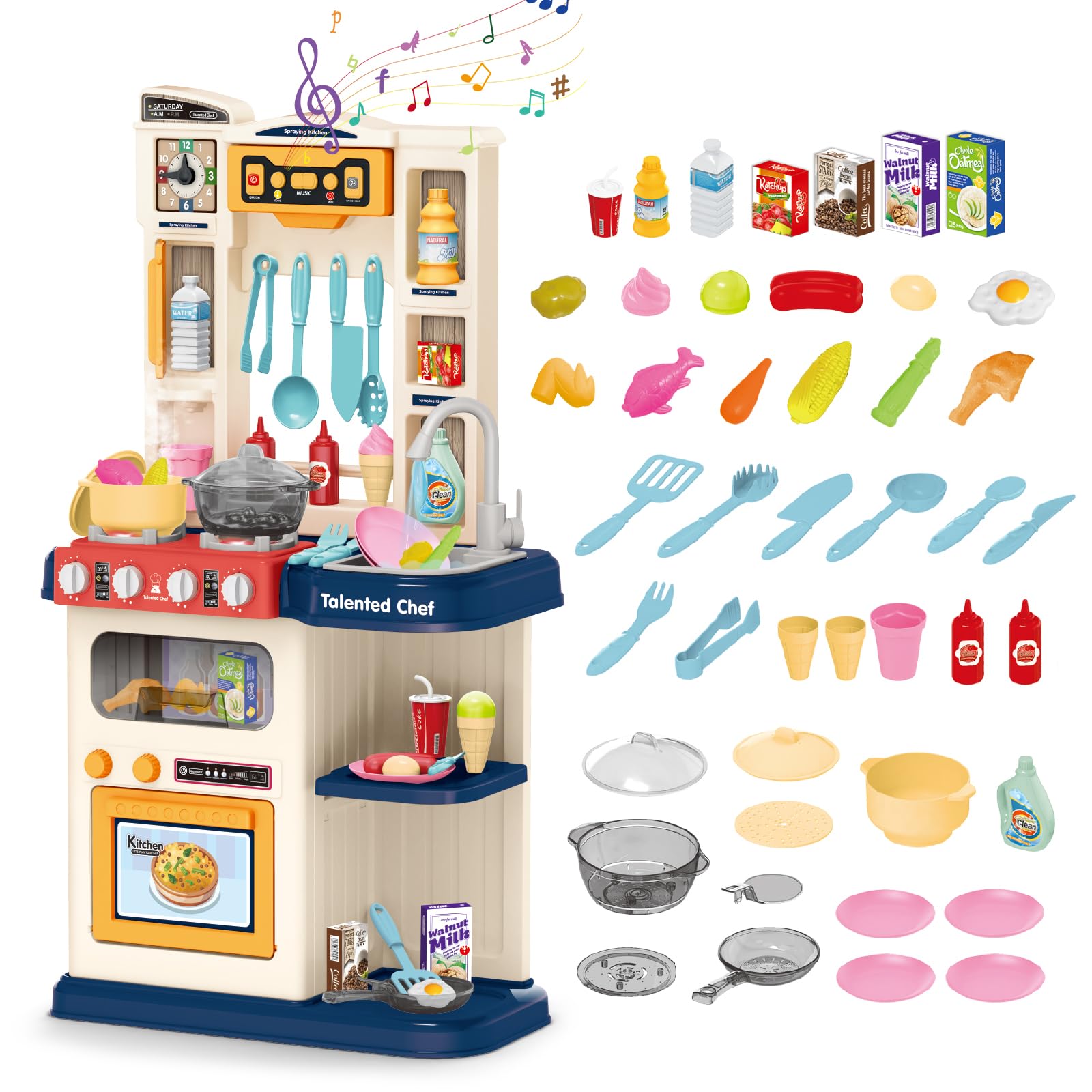 RedCrab Play Kitchen for Kids, Toy Kitchen with Simulation of Spray, Realistic Lights & Sounds, Chirldren Pretend Role Play Toys with Cooking Foods Accessories, Toddlers Kitchen Playset Gift (Blue)