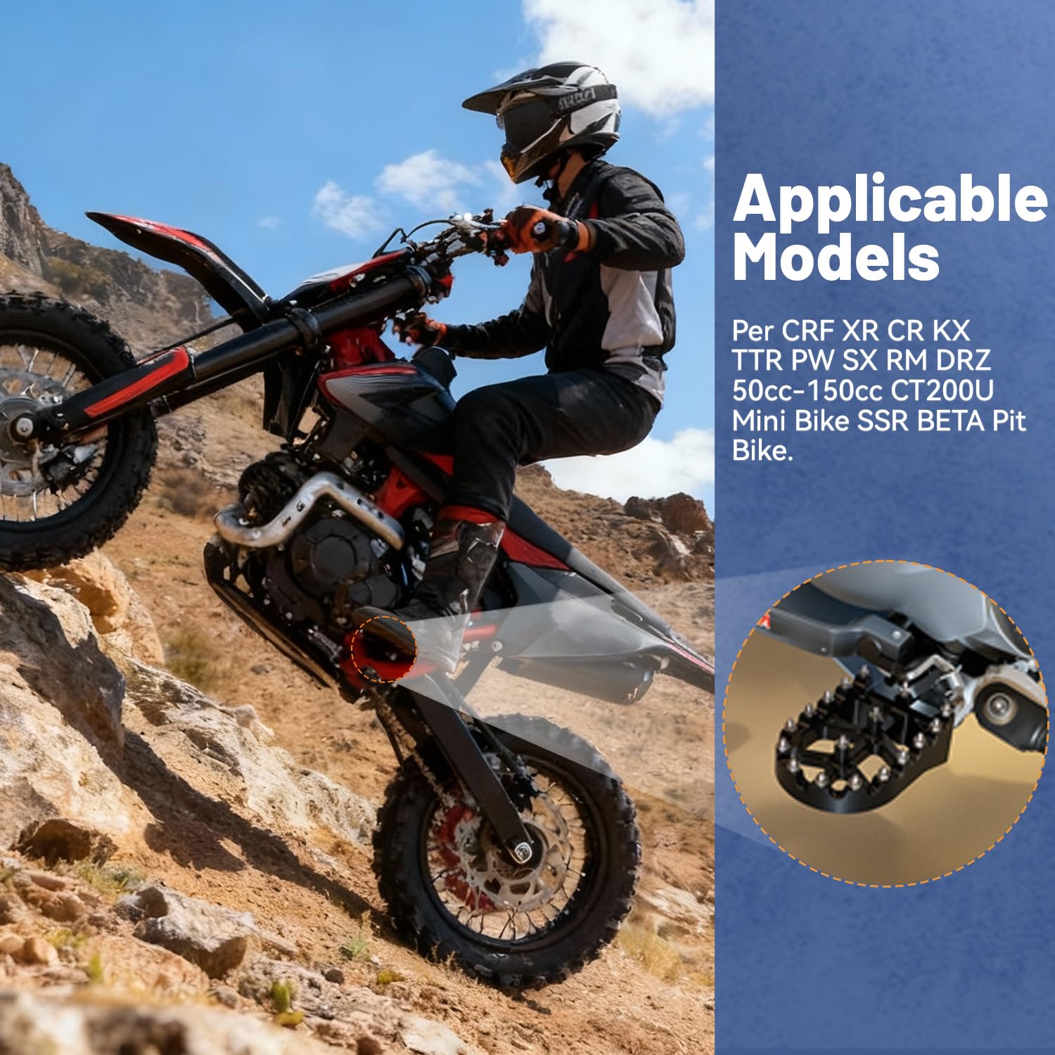 Pedaline Moto,Pedana Poggiapiedi Pedane Moto in Alluminio CNC per Moto 50cc Simson S51 Beta RR 50 Rieju Mrt 50 HM 50 CRF XR CR 50 70 80 100 125 CT200U Mini Bike SSR RFZ Pit Bike-Nero