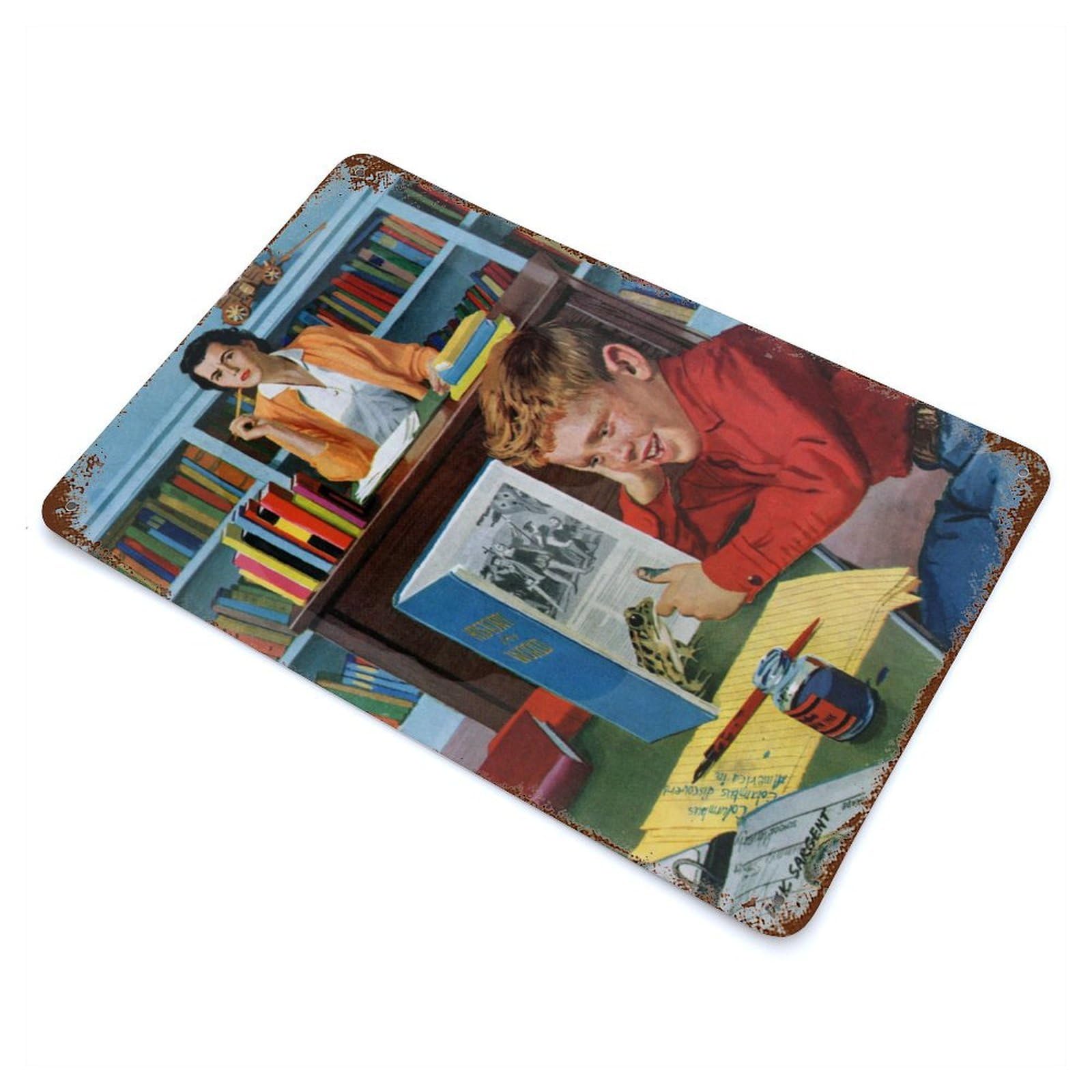 At The Library Decorative Tin Sign 11.8"x7.9", Industrial Home Decor for Garage, Pub Or Kitchen