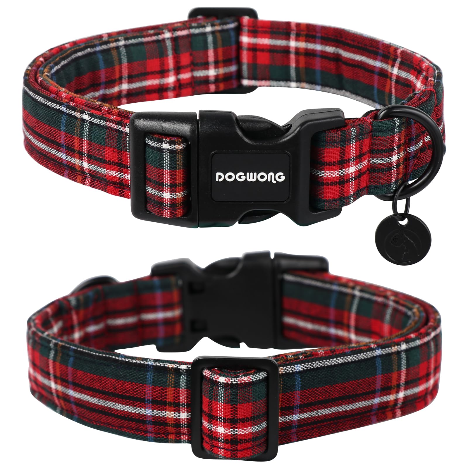 DOGWONG Christmas Cotton Dog Collar - Heavy-Duty Red Plaid, Durable Soft Fabric Pet Collar - Cute Christmas Checked Puppy Necklace for Small, Medium, Large Dogs