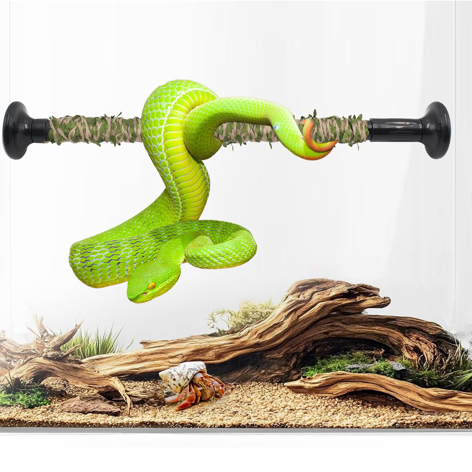 Snake Bâton d'escalade pour Reptiles en Corde de Chanvre avec Feuilles Vertes Décoration d'habitat de Terrarium pour Python Royal, lézard, Serpent, Bernard-l'ermite 40–50 cm