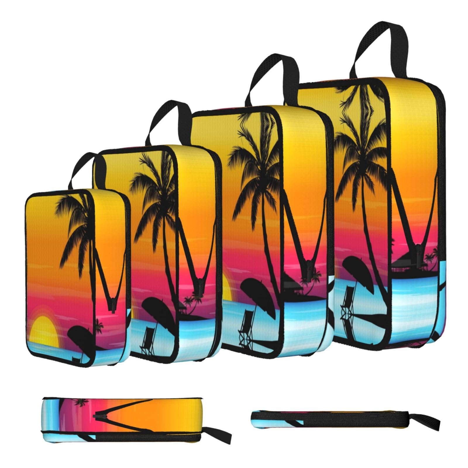 Esnaiuvcd Black Sunset Palm Tree Print 4 Set Compression Packing Cubes For Suitcases,Expandable Storage Bags Organizers