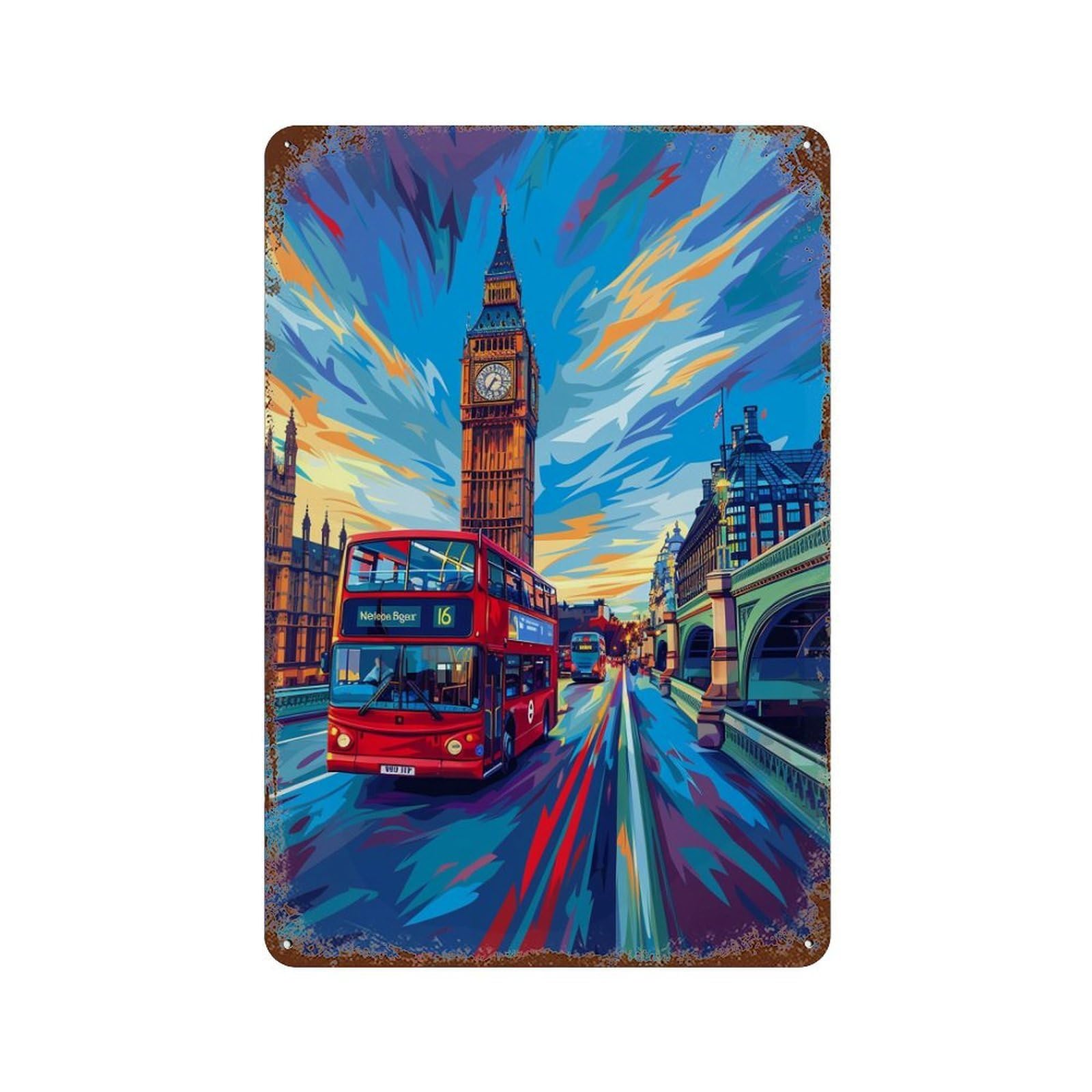 London Cityscape with Big Ben Aged Metal Wall Plaque 11.8"x7.9", for Office, Studio And Wall Decor, Novelty Wall Decor