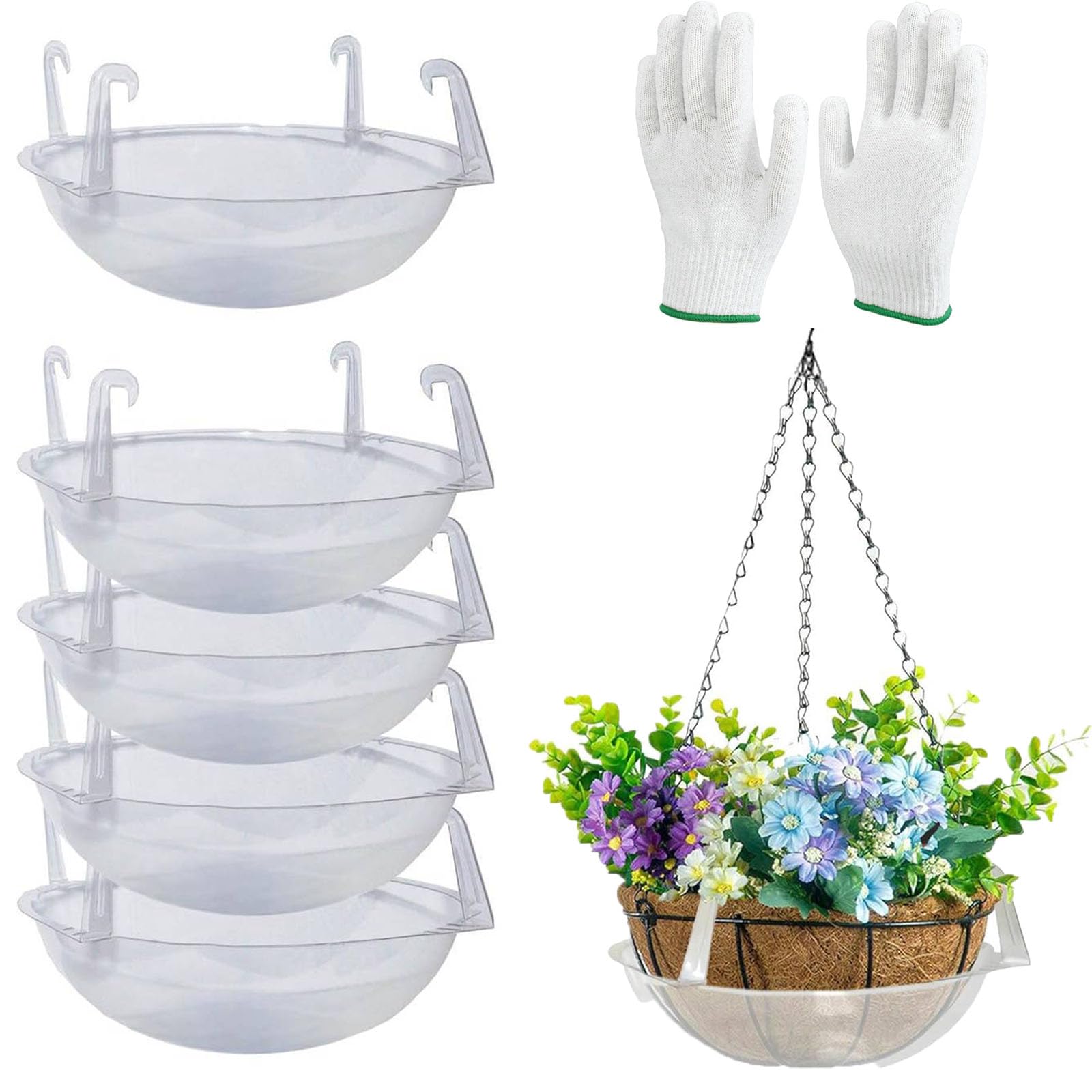 Hanging Basket Saucers for Plants,Hanging Basket Water Catcher,Hanging Basket Watering Tray with Drainage for Outdoors, Balcony Indoor Garden (14in,5pc)