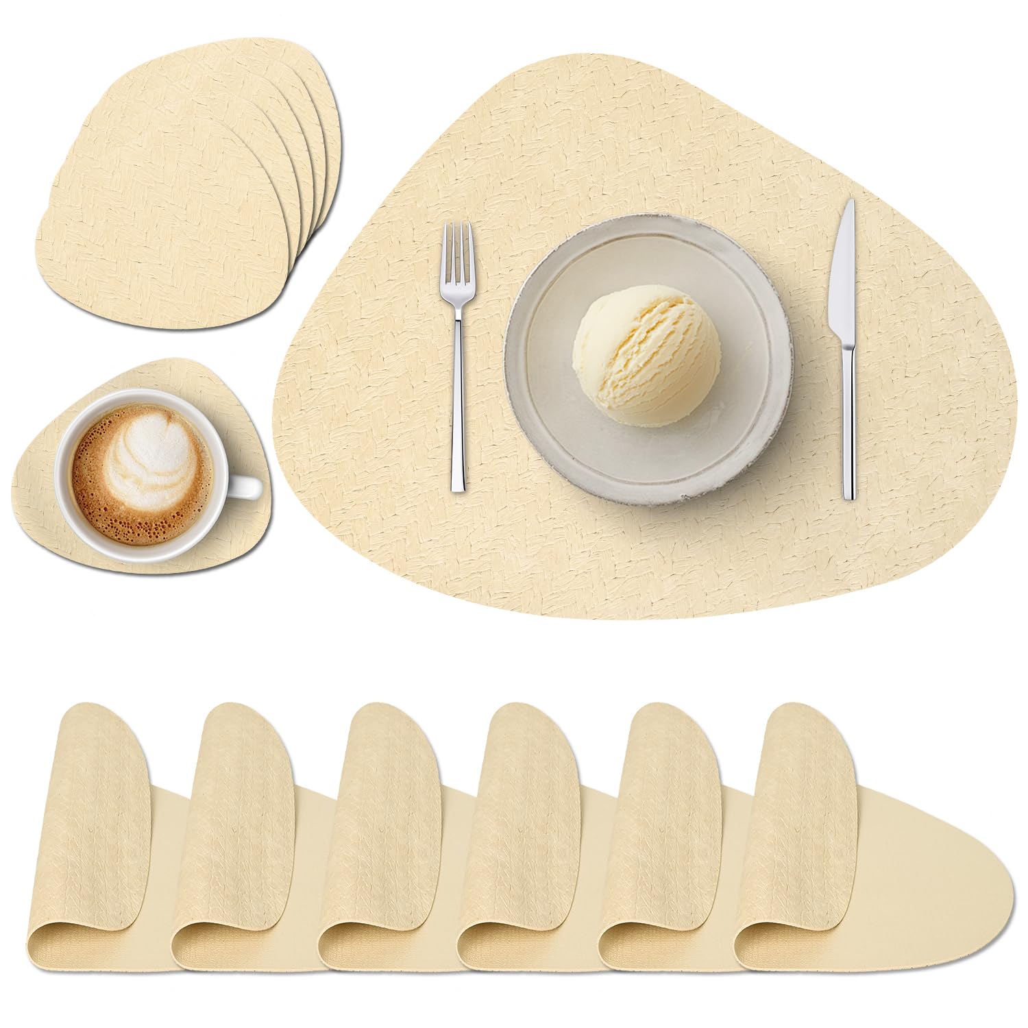 Placemats and Coasters Sets of 6, PU Leather Round Table Mats Heat-Resistant Washable Non-Slip Place Mats for Kitchen Indoor Outdoor (Apricot)