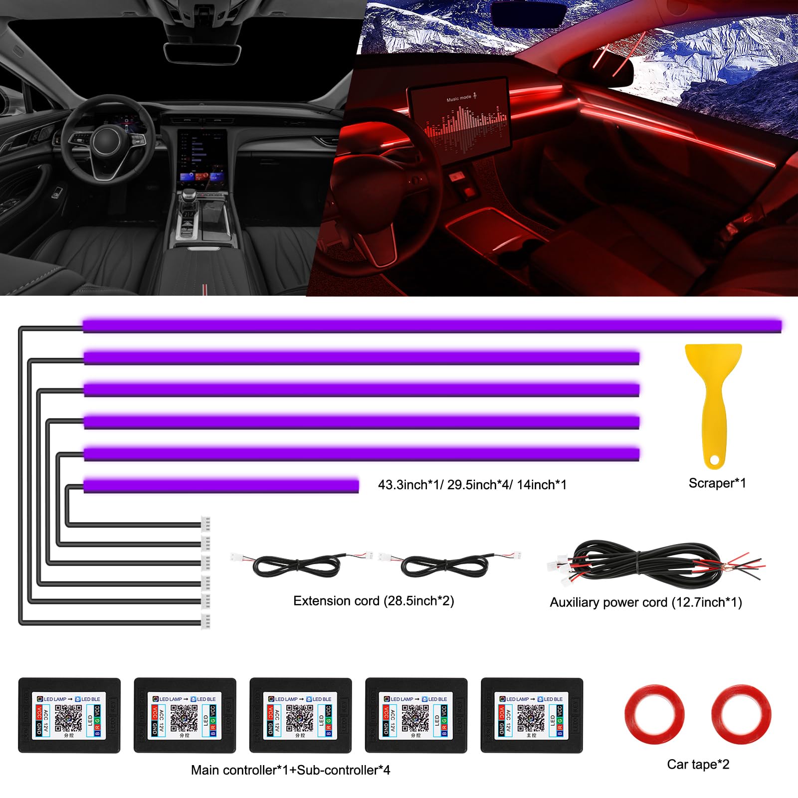 Striscia LED interna per auto in acrilico con APP wireless, accessori per auto 6 in 1 con 145 cm 593 LED, kit di illuminazione ambientale per auto in fibra ottica, striscia LED neon RGB con