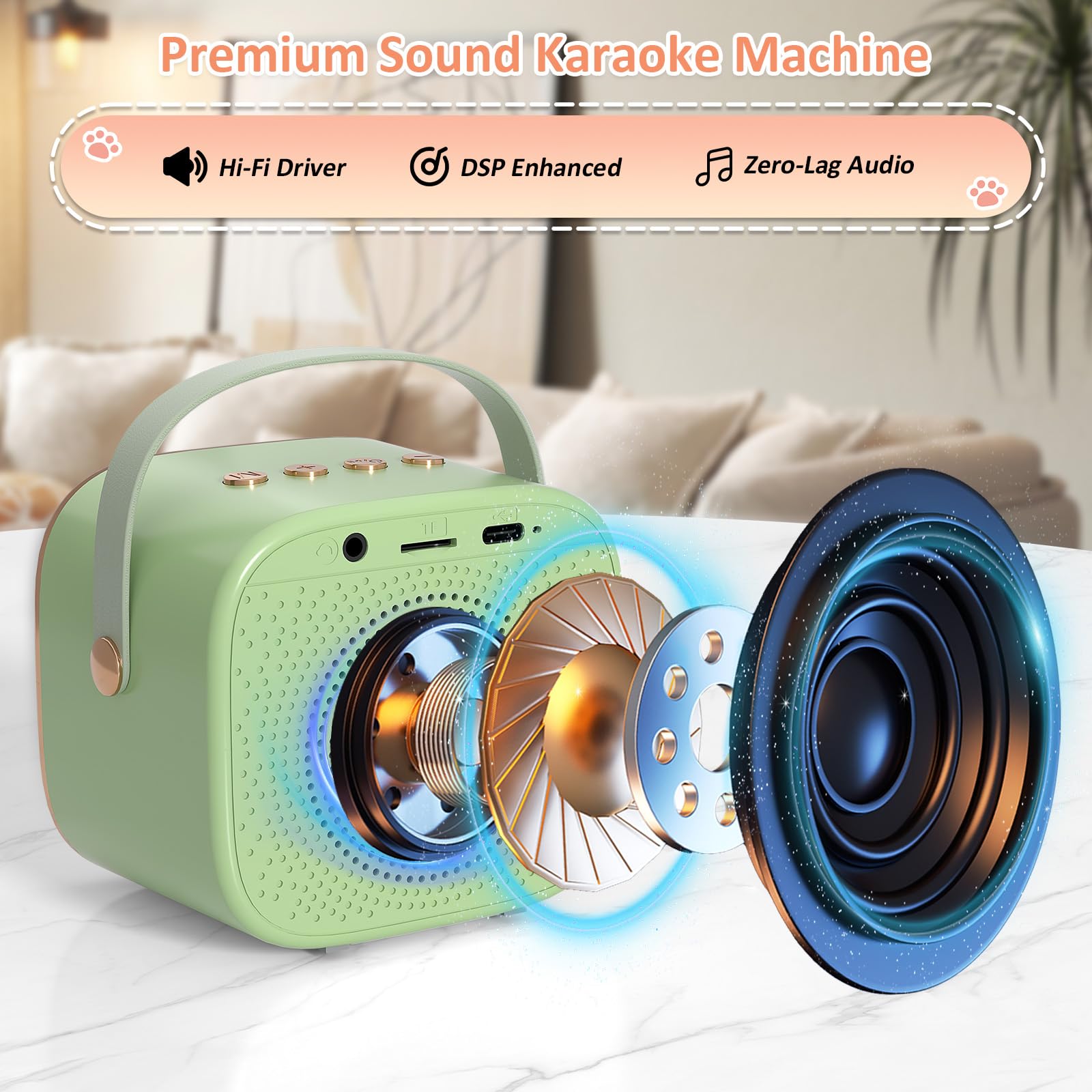 Mini máquina de karaoke para niños y adultos, altavoz Bluetooth portátil con 2 micrófonos inalámbricos y calcomanía de gato para niñas y niños de 3 a 10 años, regalos de cumpleaños, juguetes de 3