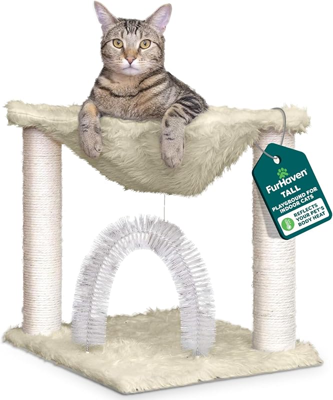 FurHaven Torre rascadora para gatos de 17,3 pulgadas de alto para gatos de interior, árbol para gatos de sisal, zona de juegos interactiva con hamaca resistente al tigre, juguetes y perchas para gatos, sisal, crema