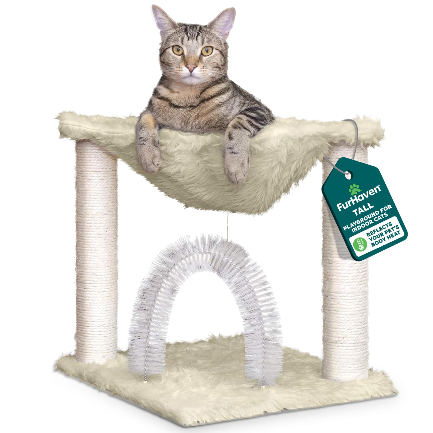 FurHaven 17.3" Tall Cat Scratching Post Tower for Indoor Cats, Sisal Cat Tree, Tiger Tough Hammock Interactive Playground, Toys &amp; Perches for Cats, Sisal, Cream