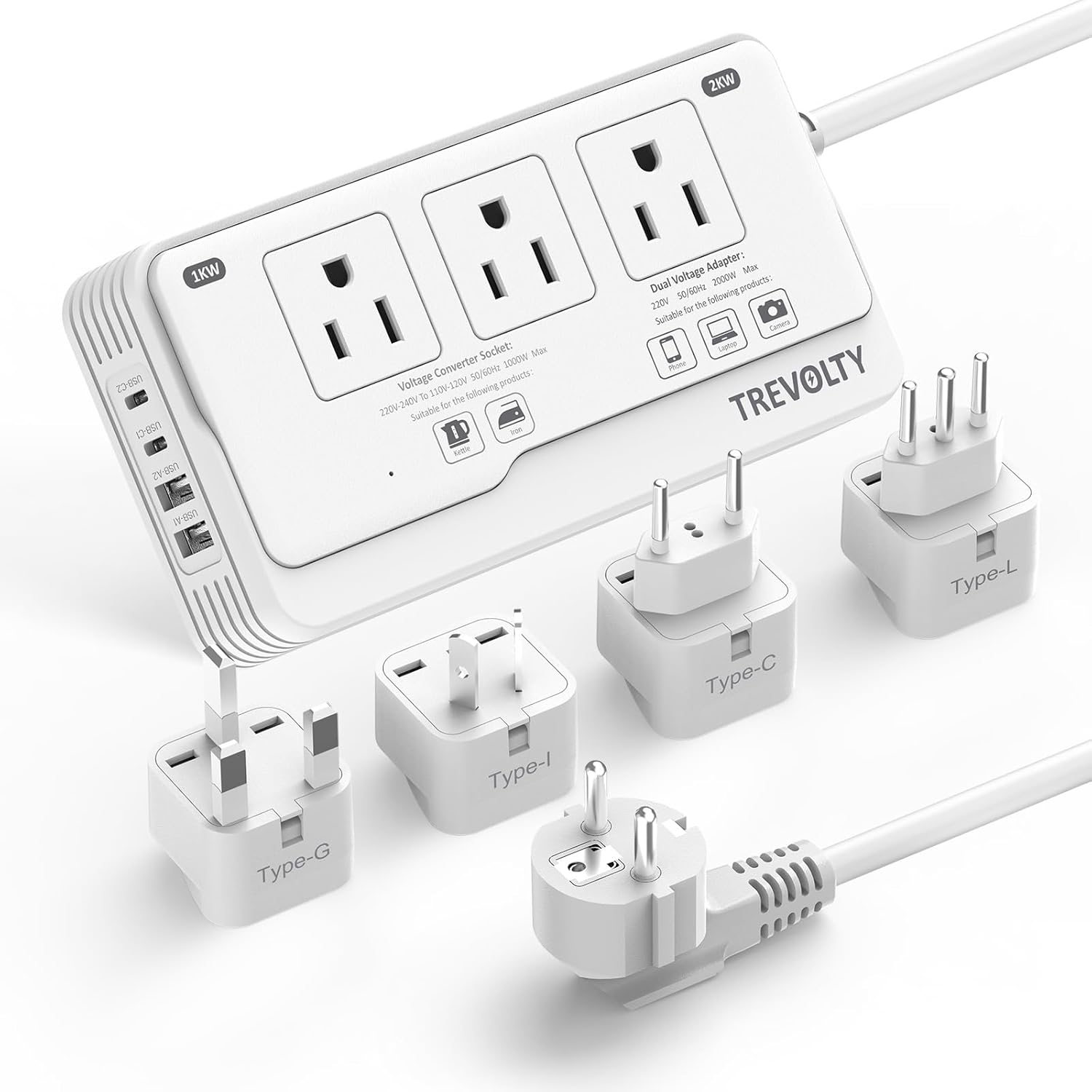 2000W Voltage Converter US to Europe for Hair Dryer, 220V to 110V Converter for European Travel with 3 AC 2 USBC 2 USBA Ports, European Travel Plug Adapter with Type C/G/I/L Plug (White)