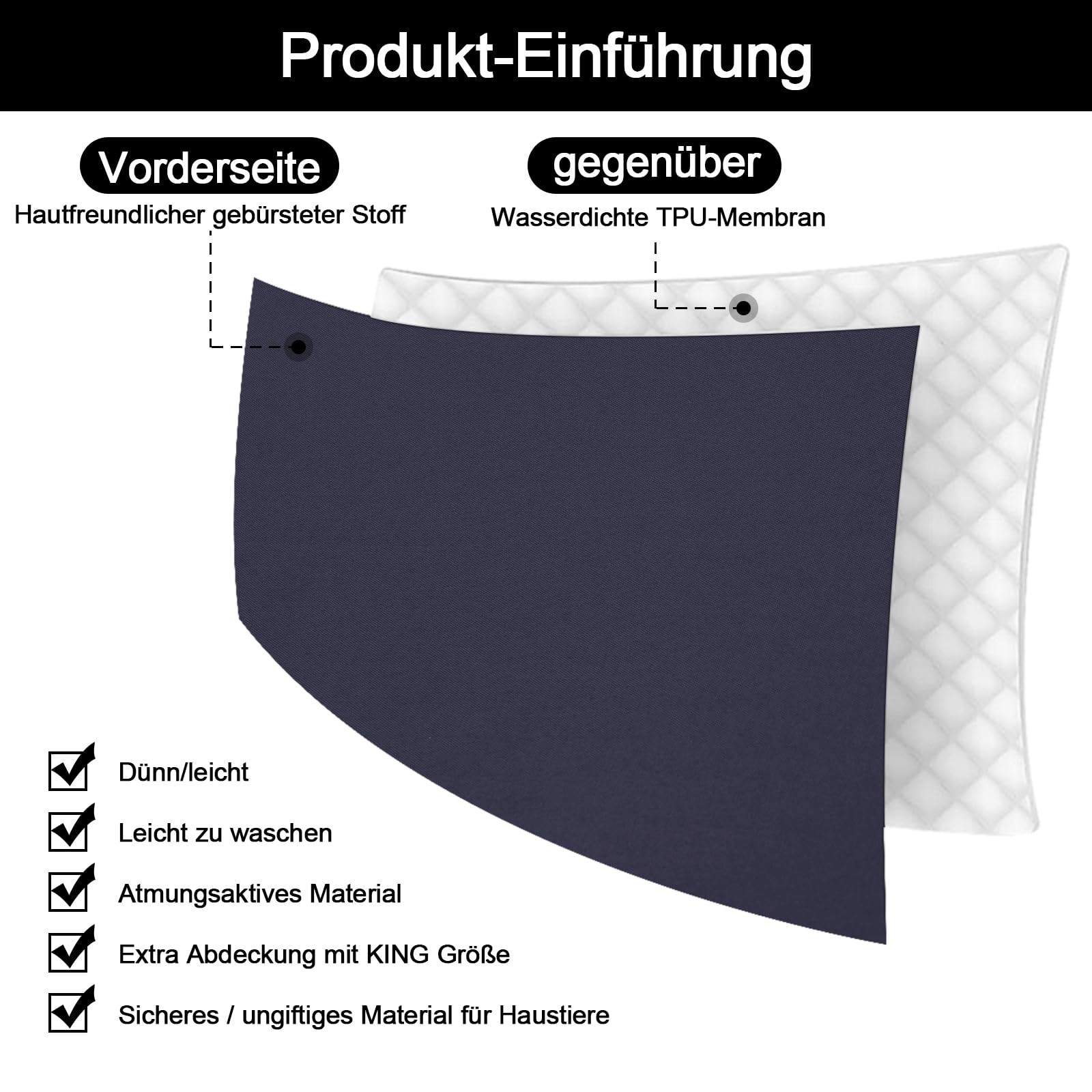Copriletto impermeabile e traspirante, in microfibra spazzolata + TPU, per letto matrimoniale, antigraffio, lavabile, coperta protettiva per cani, gatti e bambini (colore blu navy, 230 x 250 cm)