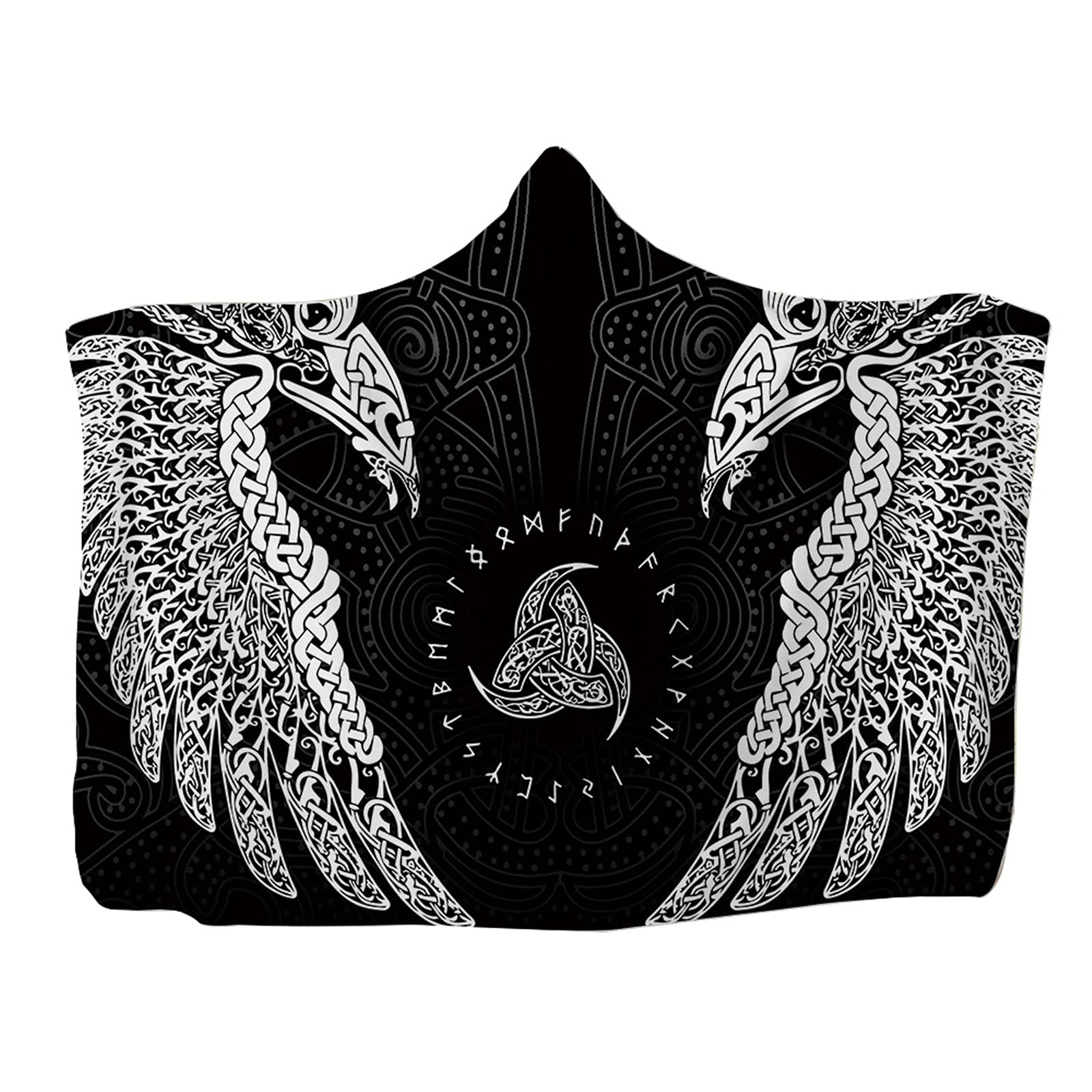 Hooded Throw Blanket Wearable Viking Tattoo Print Flannel Cape Cloak Blanket for Sofa Napping Blankets Childs Adults