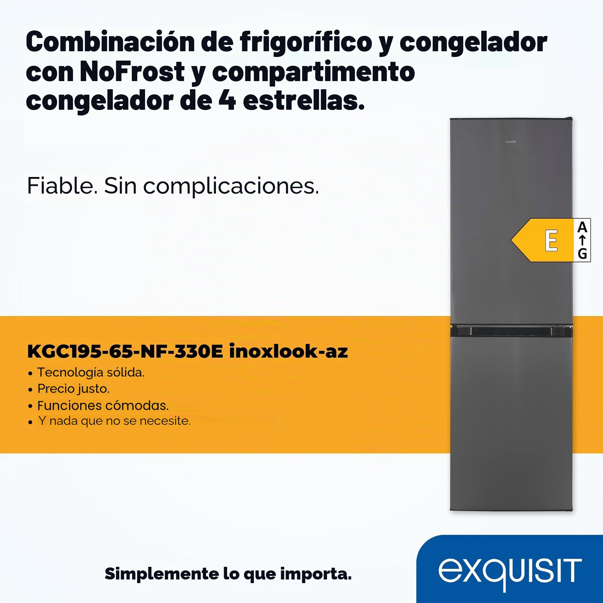 Exquisit® Frigorífico Combi No Frost 193L Inoxlook Antracita Clase E | Multi Air Flow, display LED y medidas 157,5 x 48,5 x 60,0 cm. Gran capacidad y diseño moderno