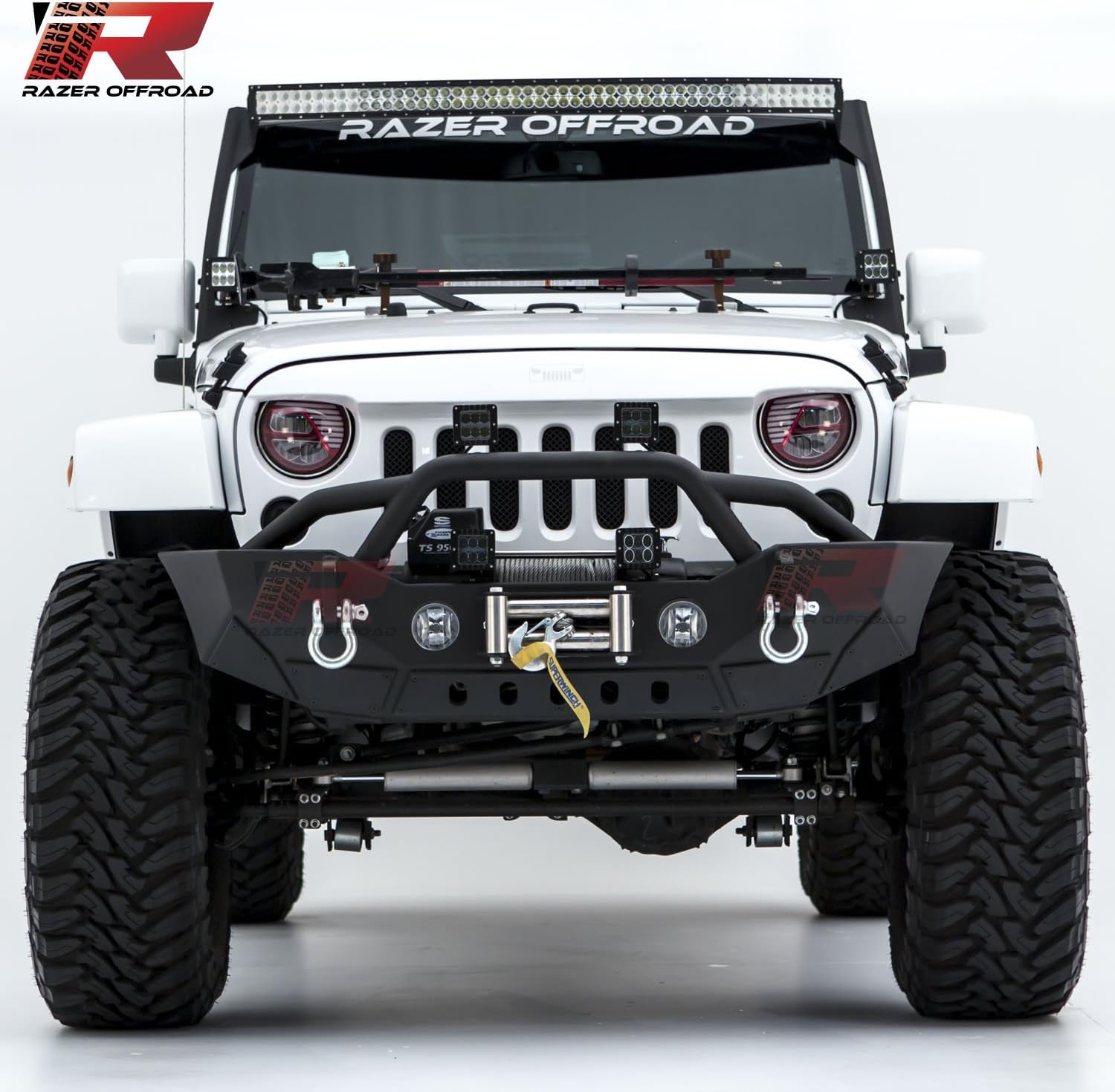 Razer Auto Black Textured Rock Crawler Stubby Front Bumper With Double Wrap Plate, Fog Lights Hole &amp; 2x D-Ring &amp; Winch Plate Black for 07-17 Jeep Wrangler JK
