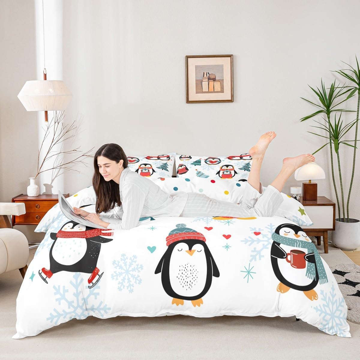 Cartoon Penguin Decorations,Winter Snowflake Happy Xmas Theme Duvet Cover for Kids Boys Girls Teens,Christmas Tree Bedroom Decor Comforter Cover Full