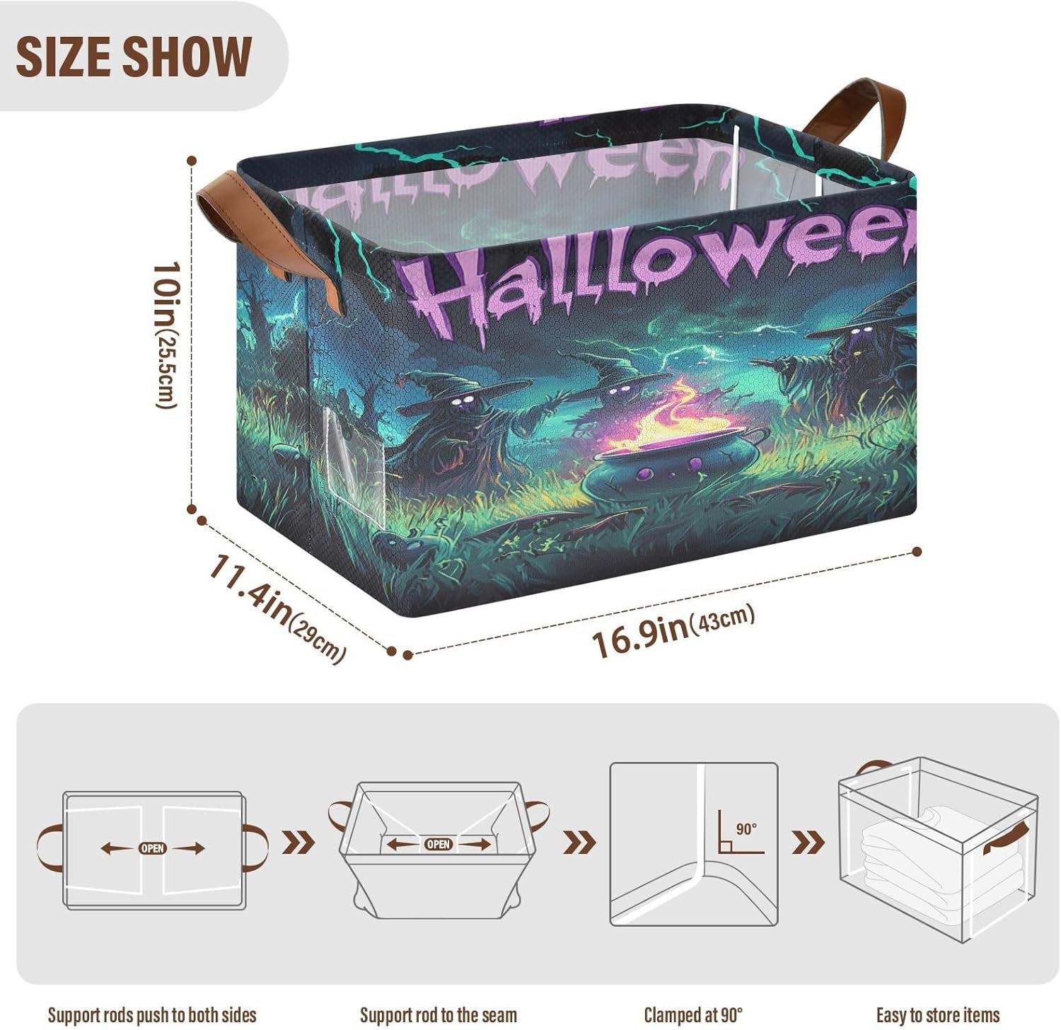 Halloween Sky Witches 2 Pack Fabric Storage Bins for Shelves Collapsible Cube Storage Bin Basket Storage Cubes with Handle Under The Bed Storage Bins for Office Closet Home Clothes