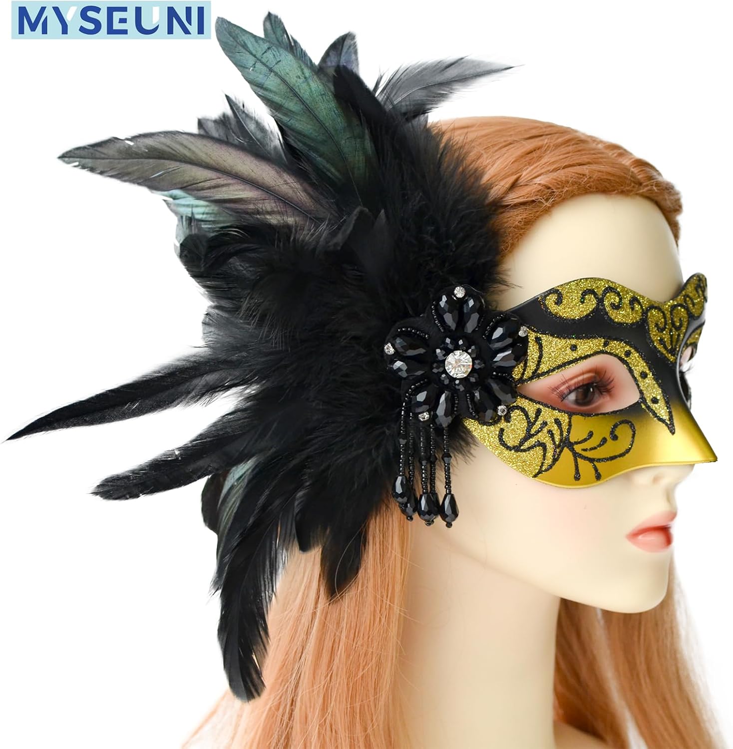 Glod Masquerade Mask for Couples - Women's Mask with Feathers & Venetian Masks for Men - Party, Mardi Gras, Halloween, Cosplay, Prom, Christmas - Image 6