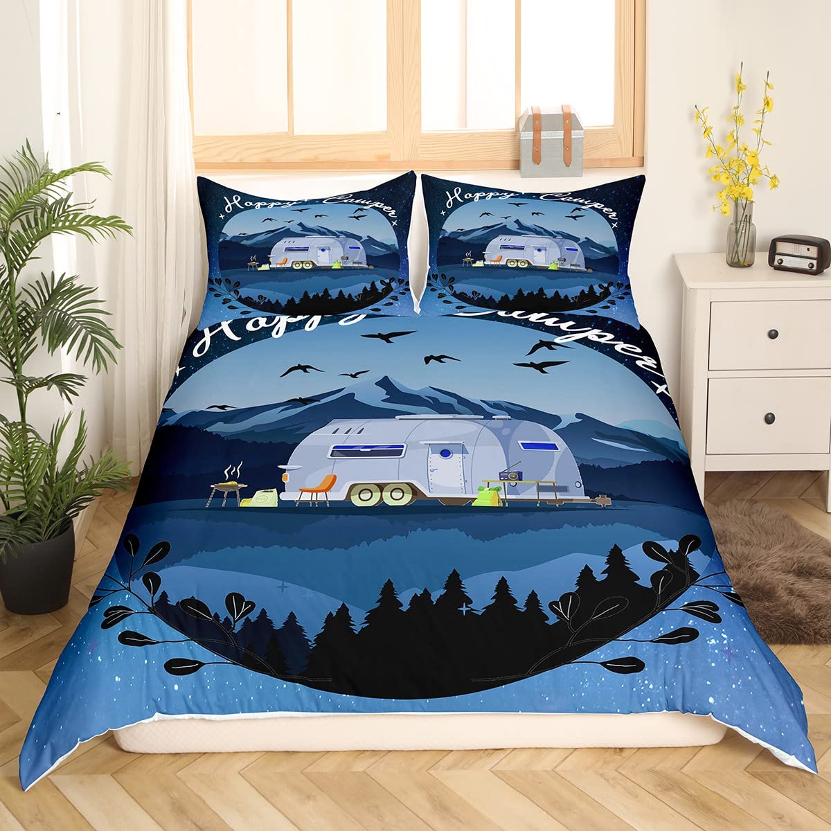 Homewish Happy Camping Juego de funda de edredón para caravana, juego de ropa de cama de noche estrellada súper King, ropa de cama rústica de granja, accesorios de camping, funda de edredón