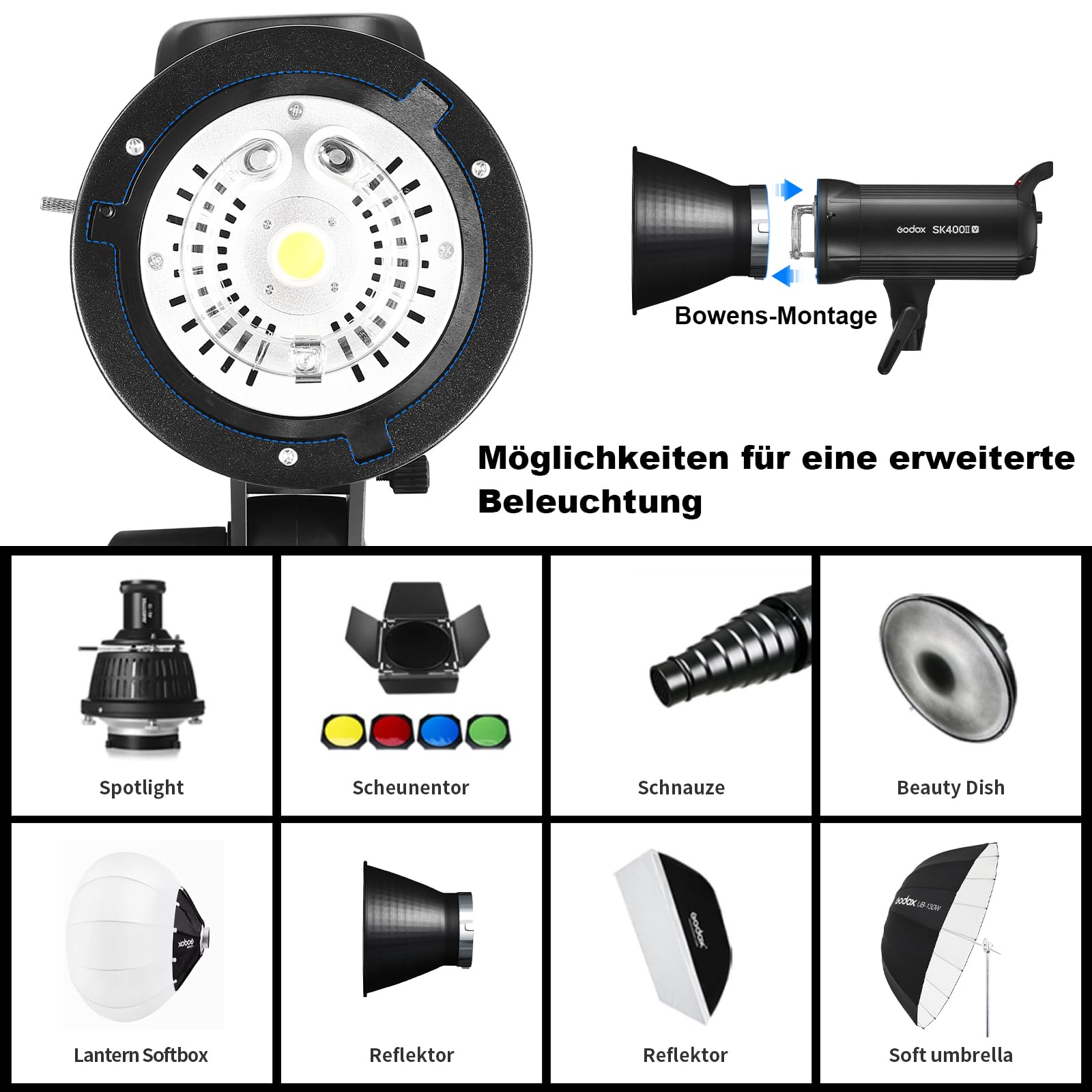 GODOX SK400II-V Flash da Studio Stroboscopico SK400II-V Bowens Mount,400W,Sistema X Wireless 2.4G,5600±200K,Lampada per Modellazione LED con Montaggio Bowens per Studio (SK400II Versione Aggiornata)
